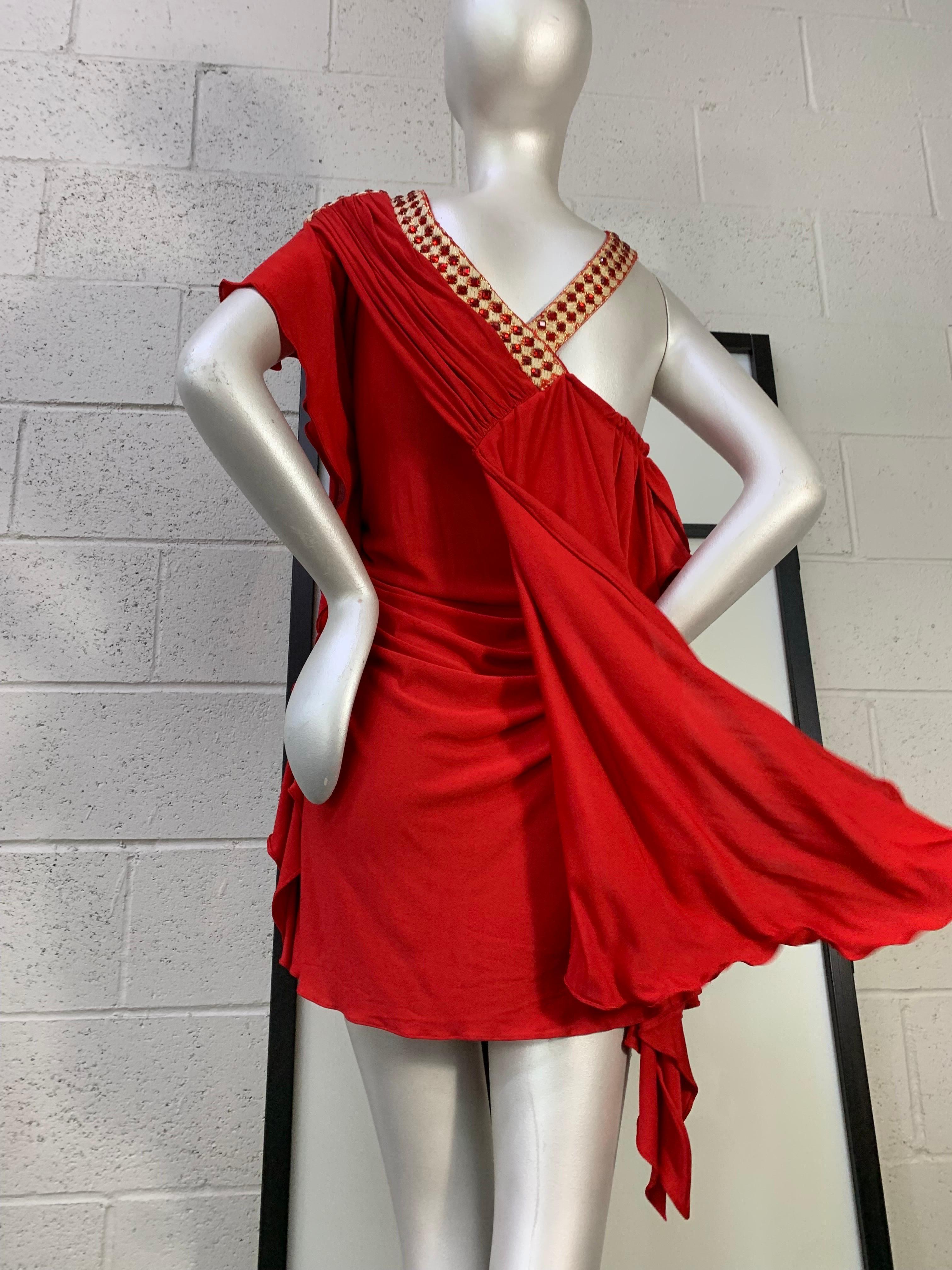 Women's Torso Creations Red Matte Jersey Draped & Ruched Tango Dress w Rhinestone Trim For Sale