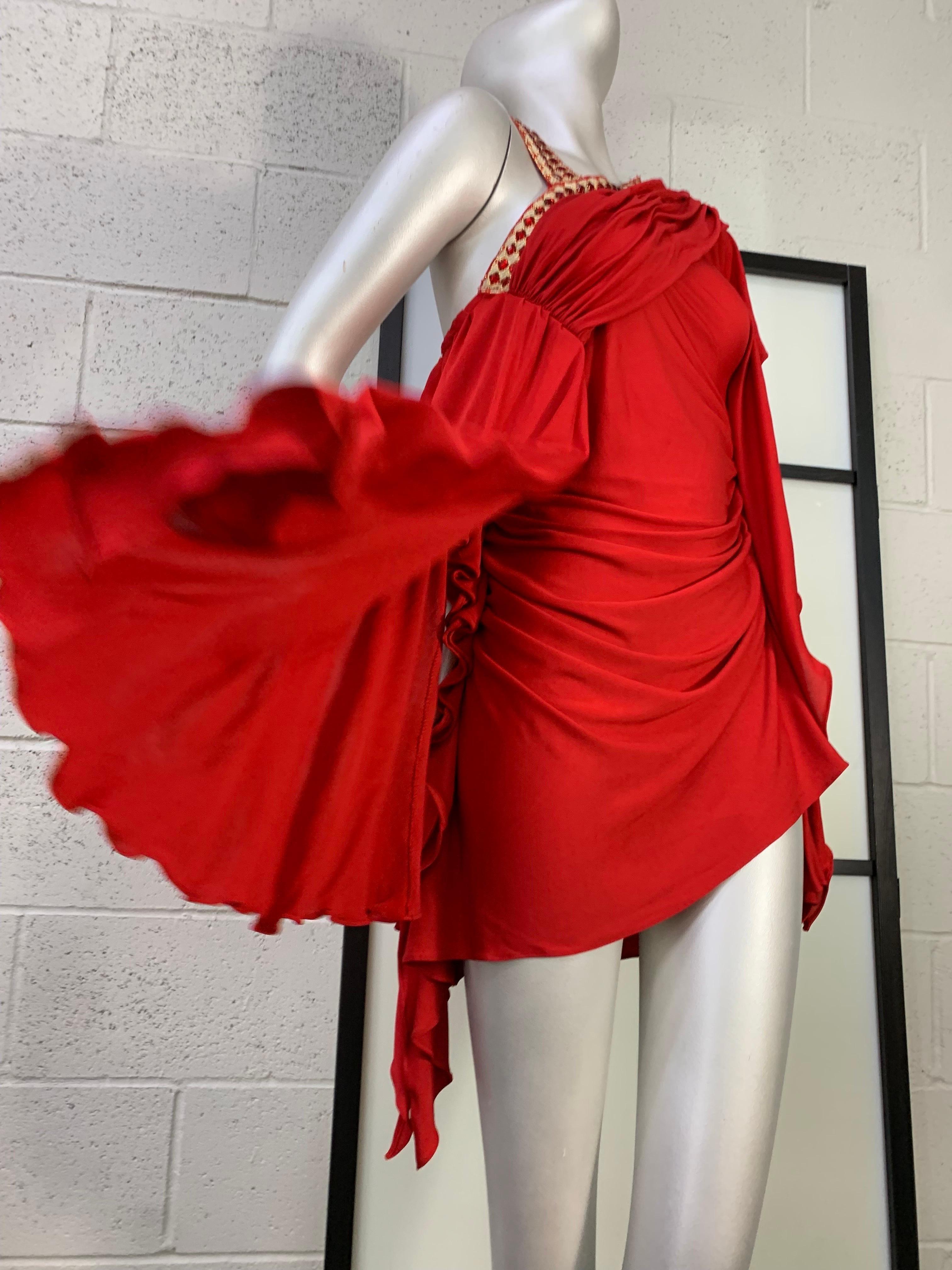 Torso Creations Red Matte Jersey Draped & Ruched Tango Dress w Rhinestone Trim For Sale 3