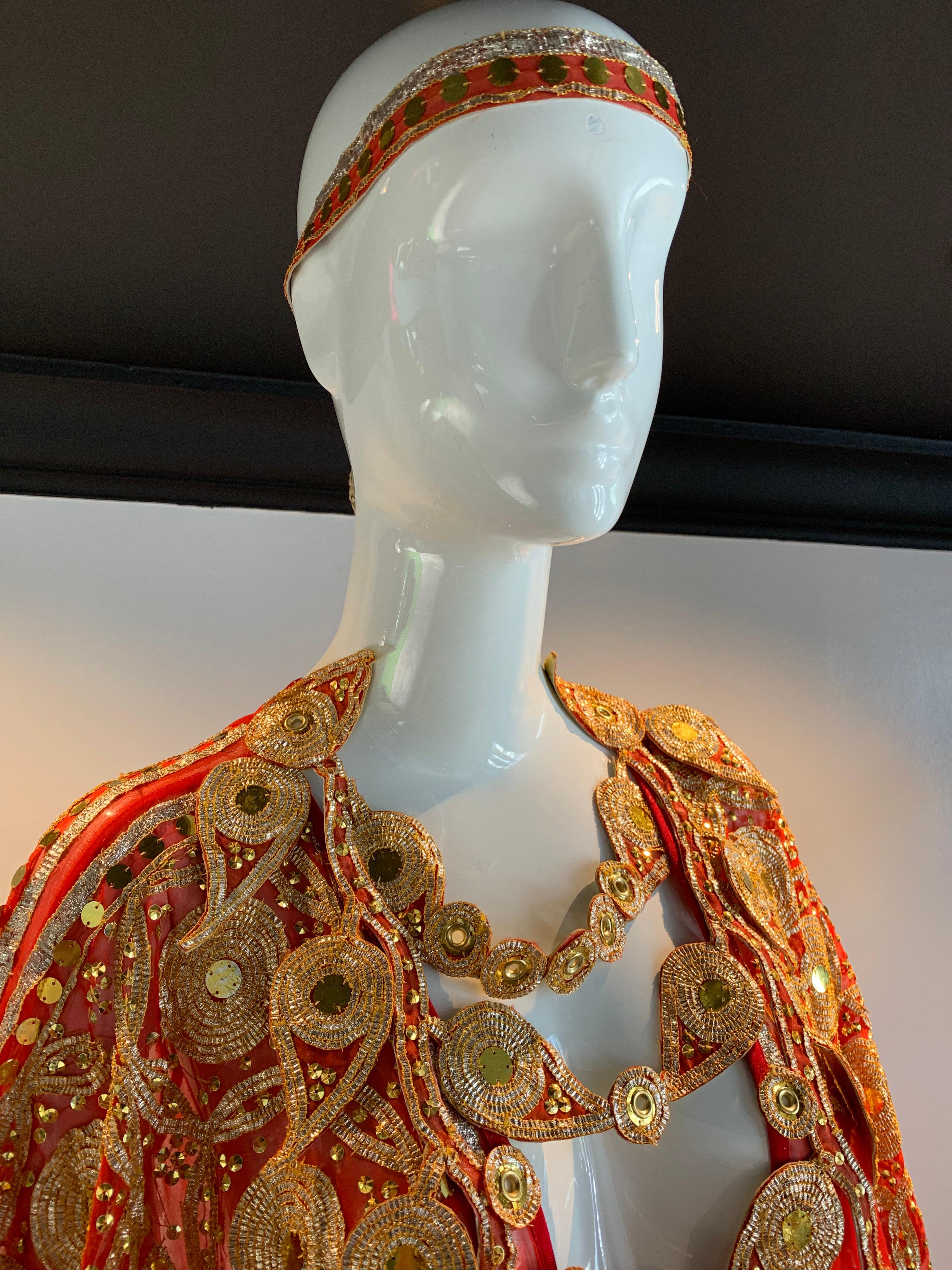 Torso Creations Red Silk Chiffon Caftan Heavily Embroidered W/ Gold & Sequins For Sale 2