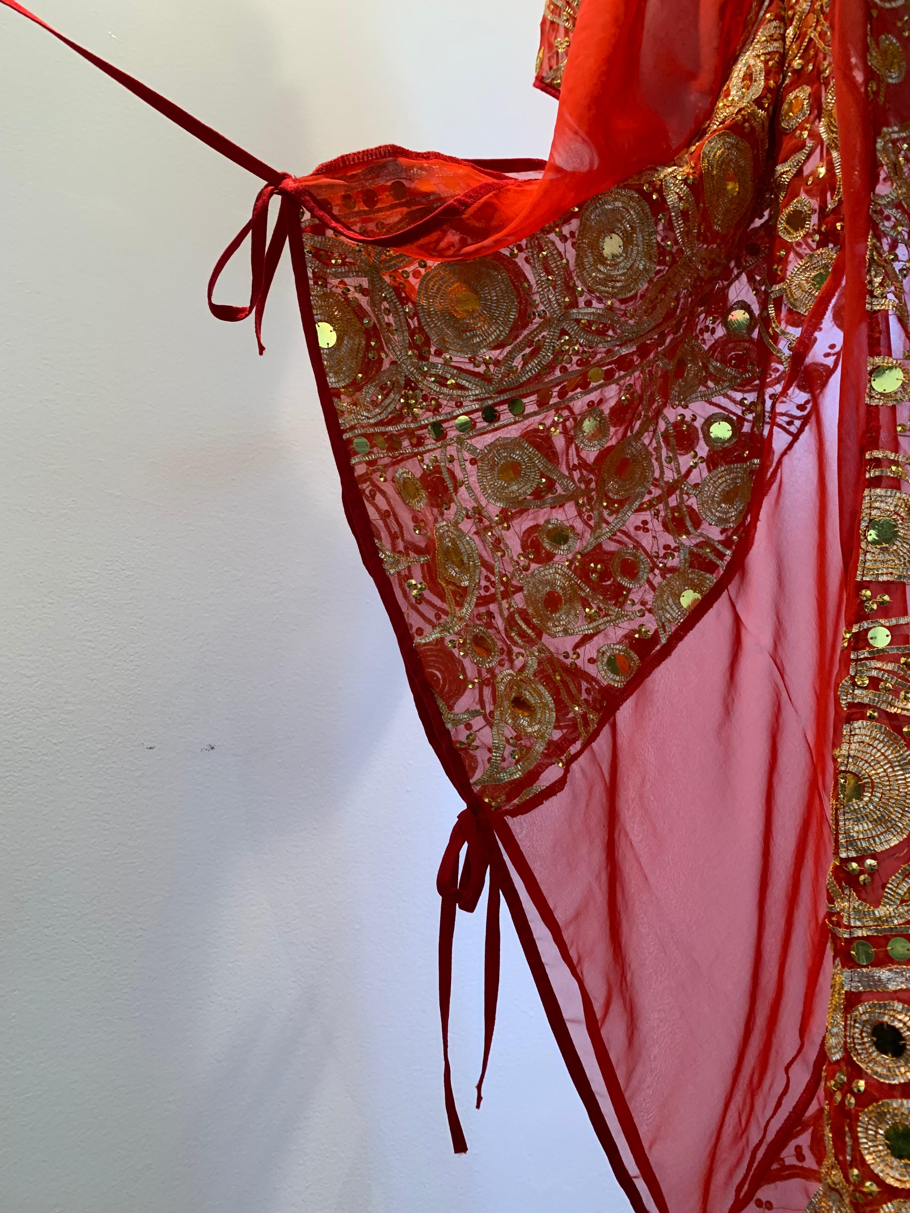 Torso Creations Red Silk Chiffon Caftan Heavily Embroidered W/ Gold & Sequins For Sale 6