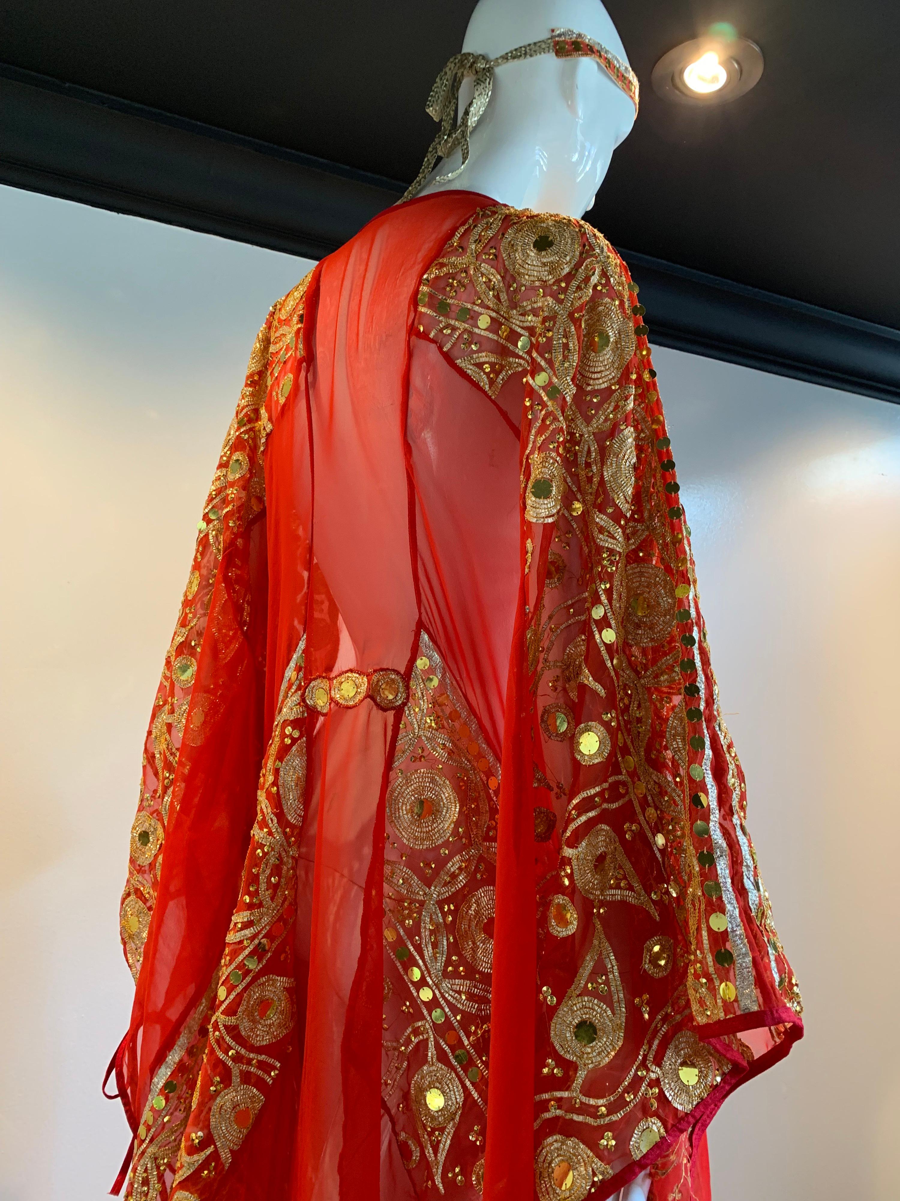 Torso Creations Red Silk Chiffon Caftan Heavily Embroidered W/ Gold & Sequins For Sale 7