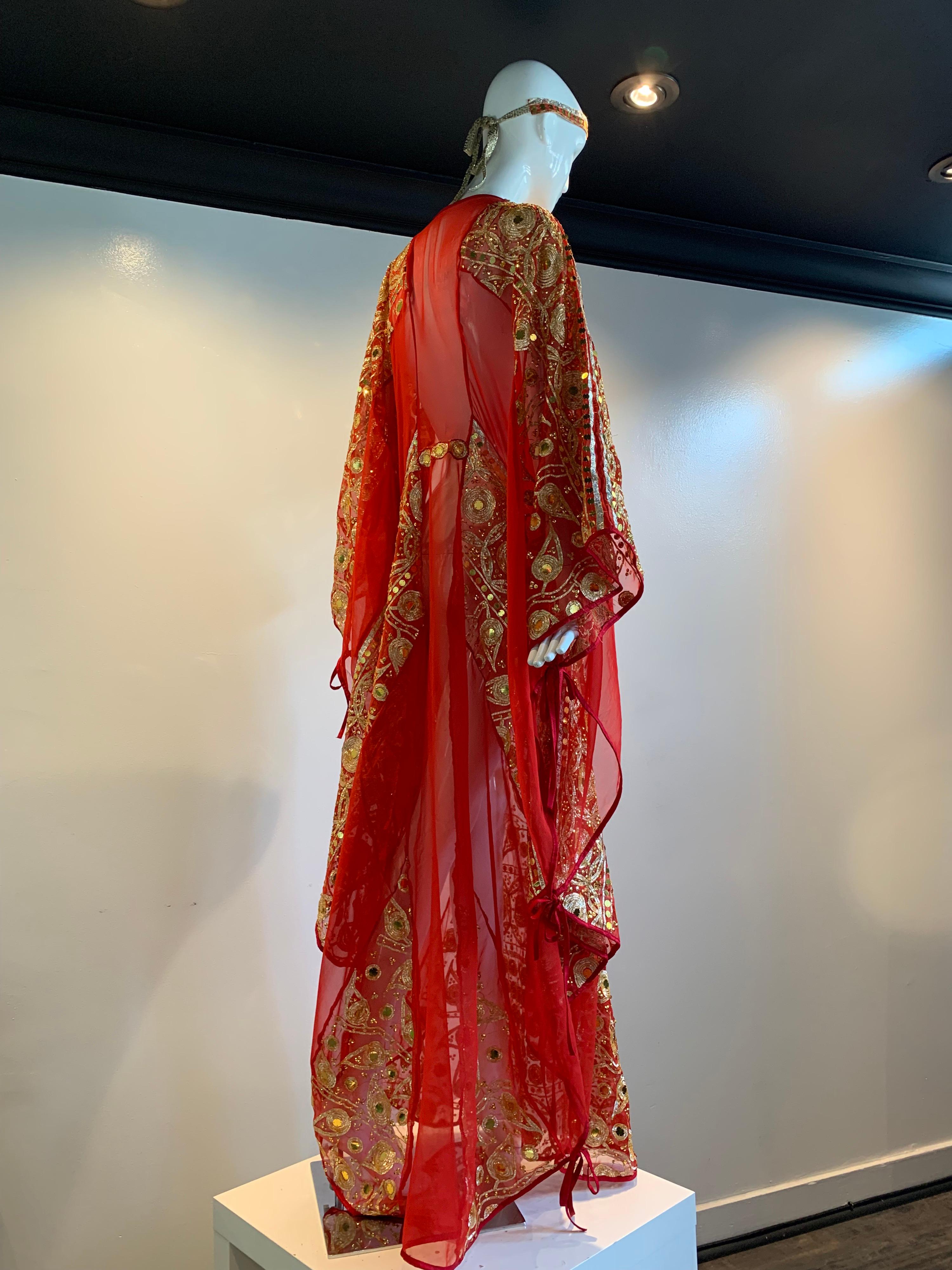Torso Creations Red Silk Chiffon Caftan Heavily Embroidered W/ Gold & Sequins For Sale 9