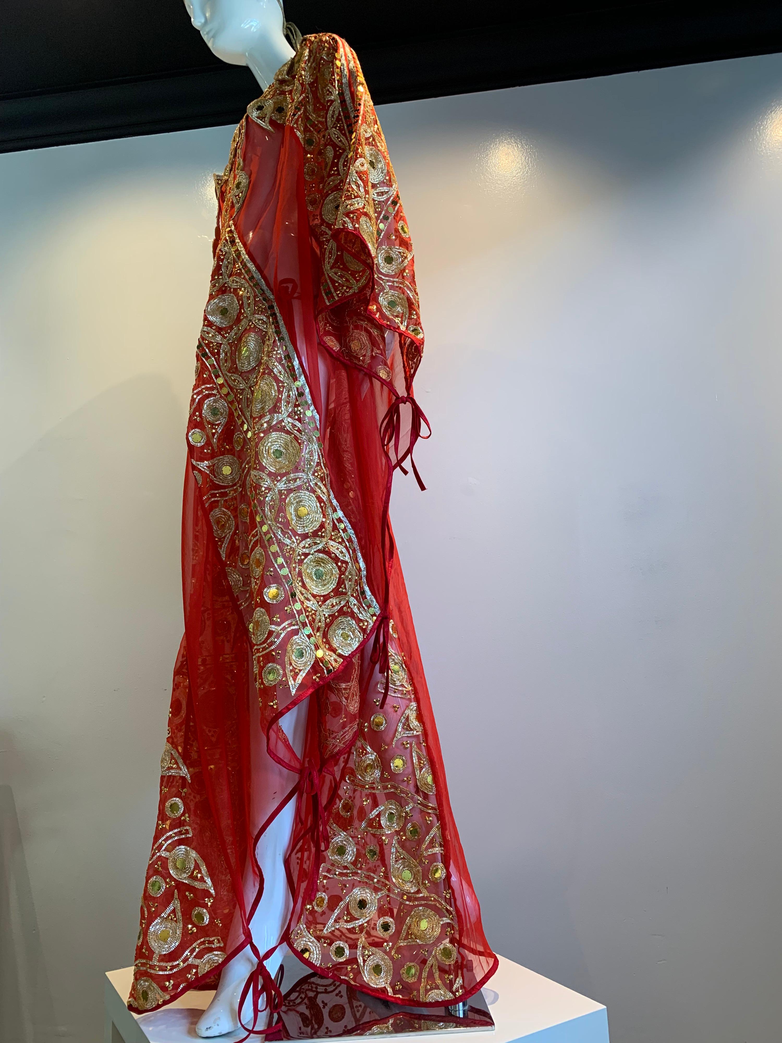 Torso Creations Red Silk Chiffon Caftan Heavily Embroidered W/ Gold & Sequins For Sale 10
