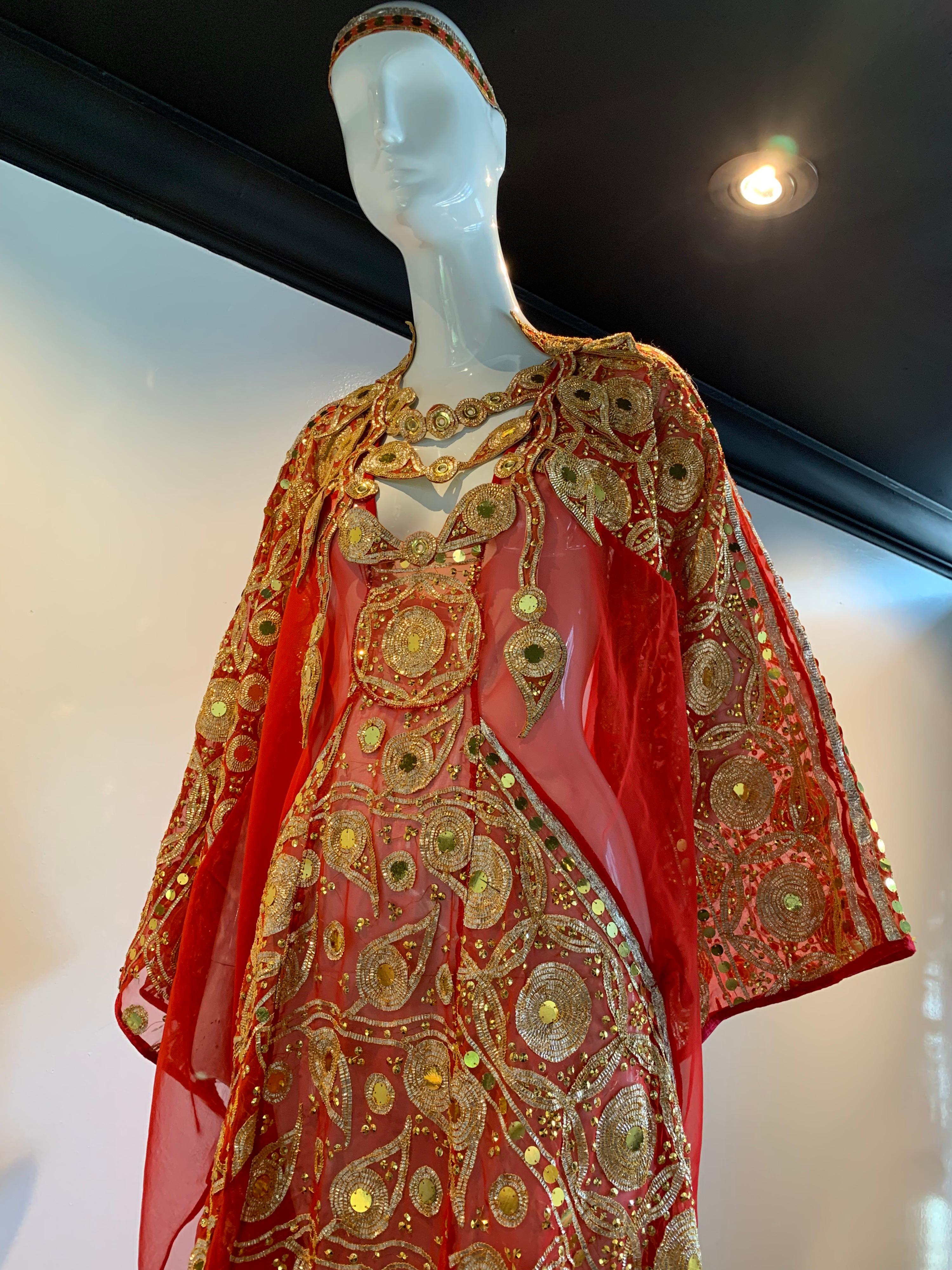 Brown Torso Creations Red Silk Chiffon Caftan Heavily Embroidered W/ Gold & Sequins For Sale
