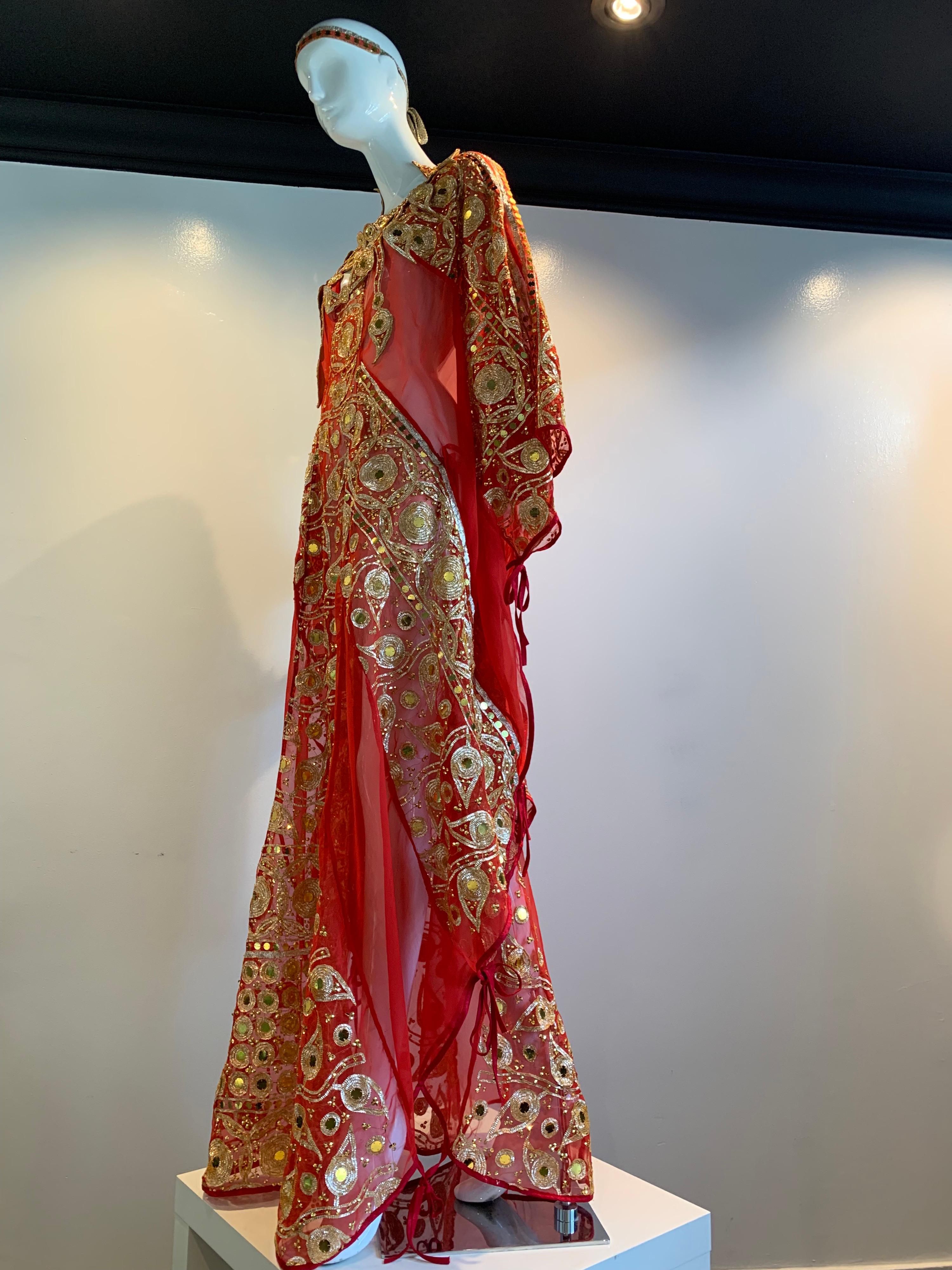 Women's Torso Creations Red Silk Chiffon Caftan Heavily Embroidered W/ Gold & Sequins For Sale