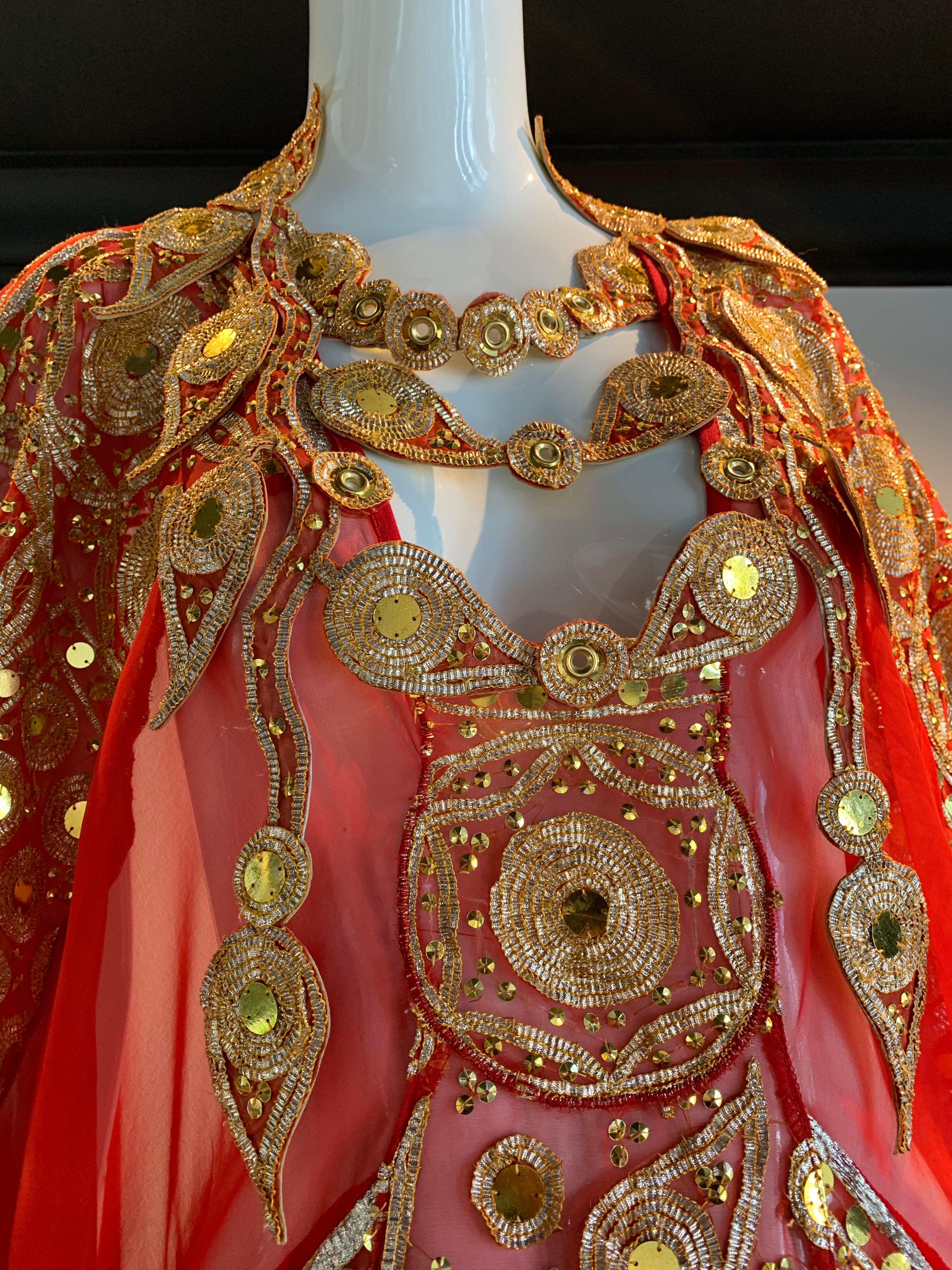 Torso Creations Red Silk Chiffon Caftan Heavily Embroidered W/ Gold & Sequins For Sale 1