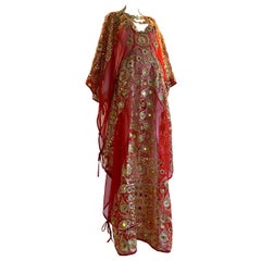 Torso Creations Red Silk Chiffon Caftan Heavily Embroidered W/ Gold & Sequins