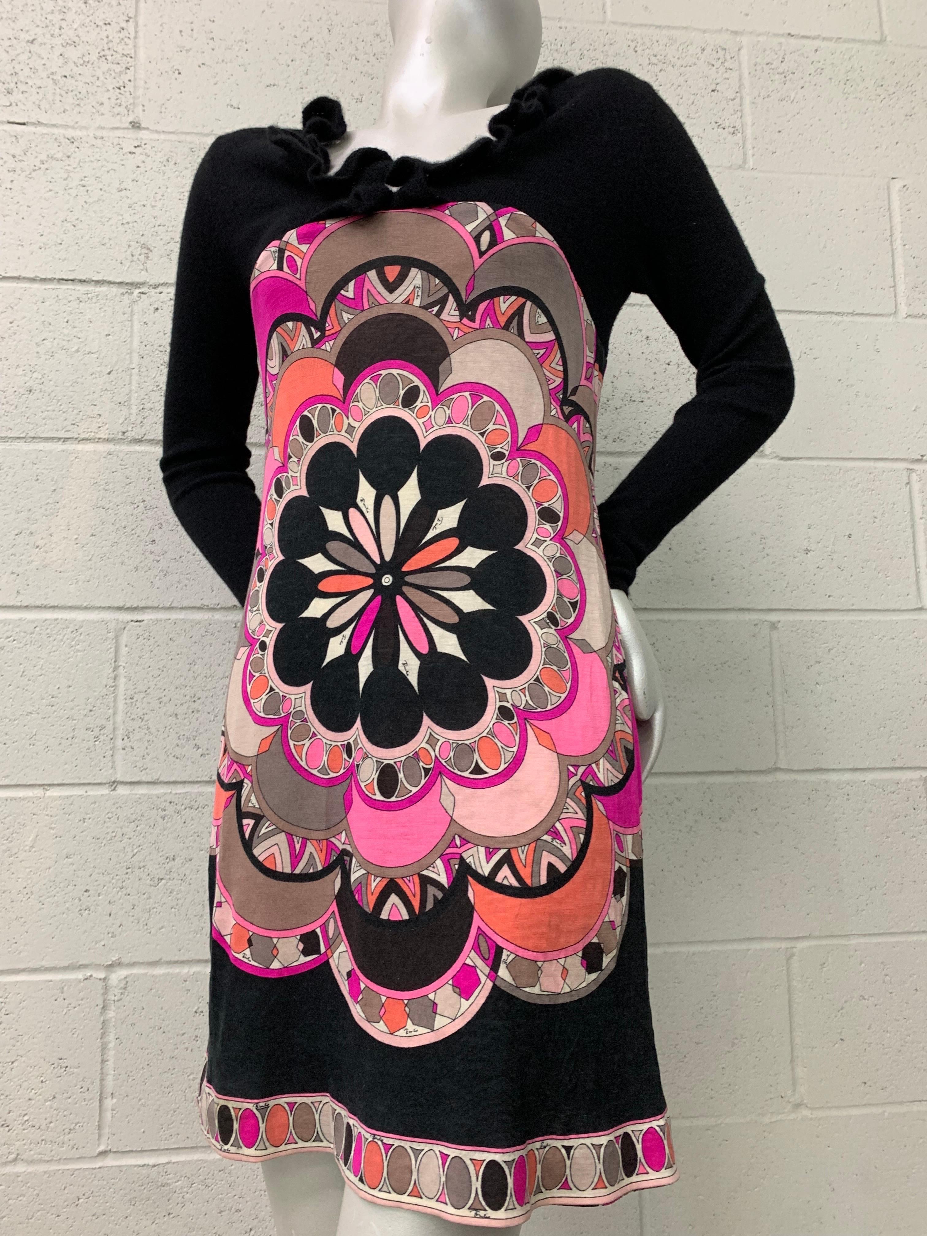 Torso Creations Restyled Pucci 1960s Cashmere Knit Dress W Restyled Cashmere Sweater Top: Ruffled neckline and A-line silhouette slip easy over the head and shoulders. A striking mini dress in a pink, grey and black Mandala design. US size 8. 