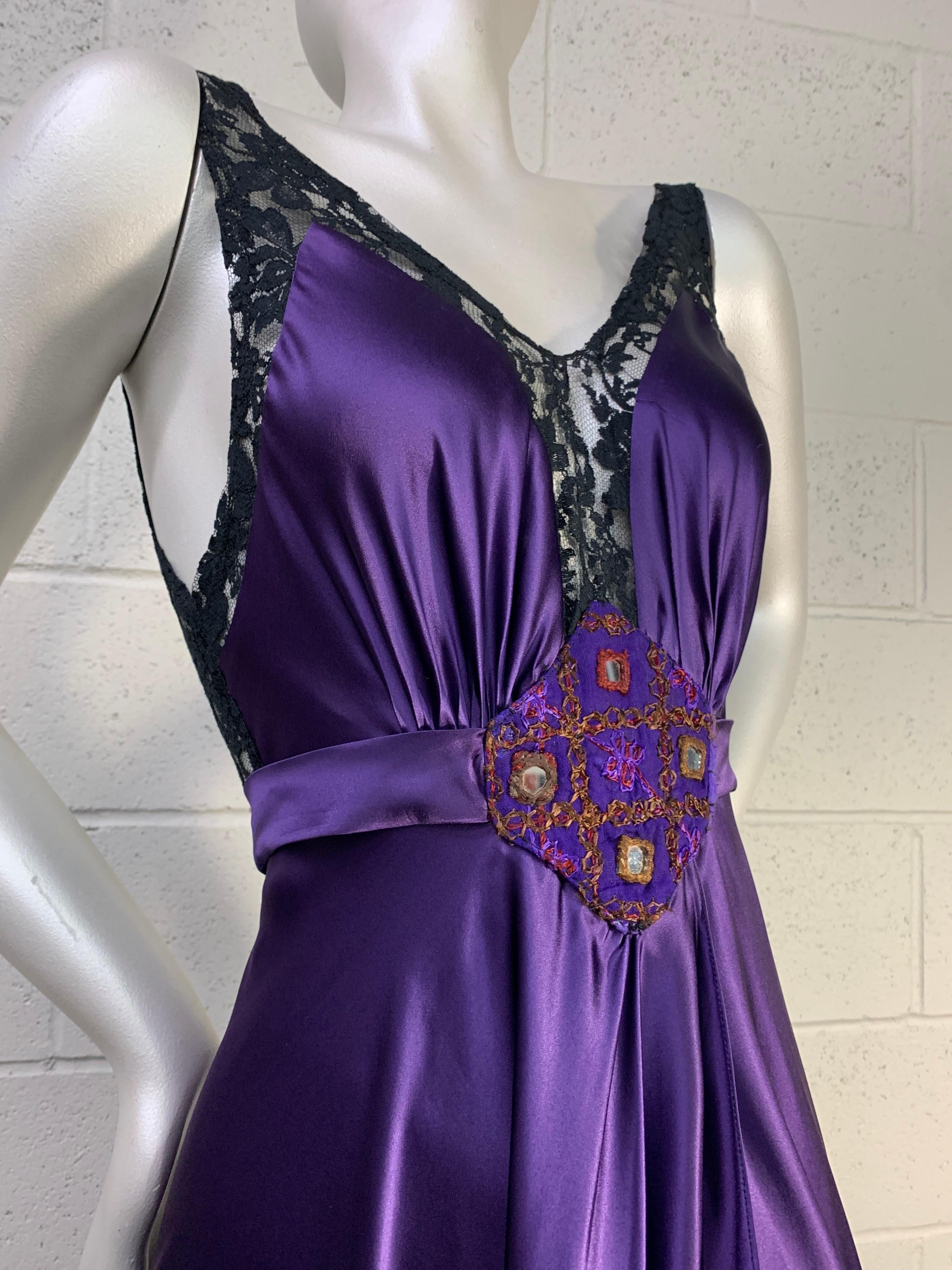 Black Torso Creations Royal Silk Slip Dress w Hi-Low Hem & Lace Inset & Mirror Details For Sale