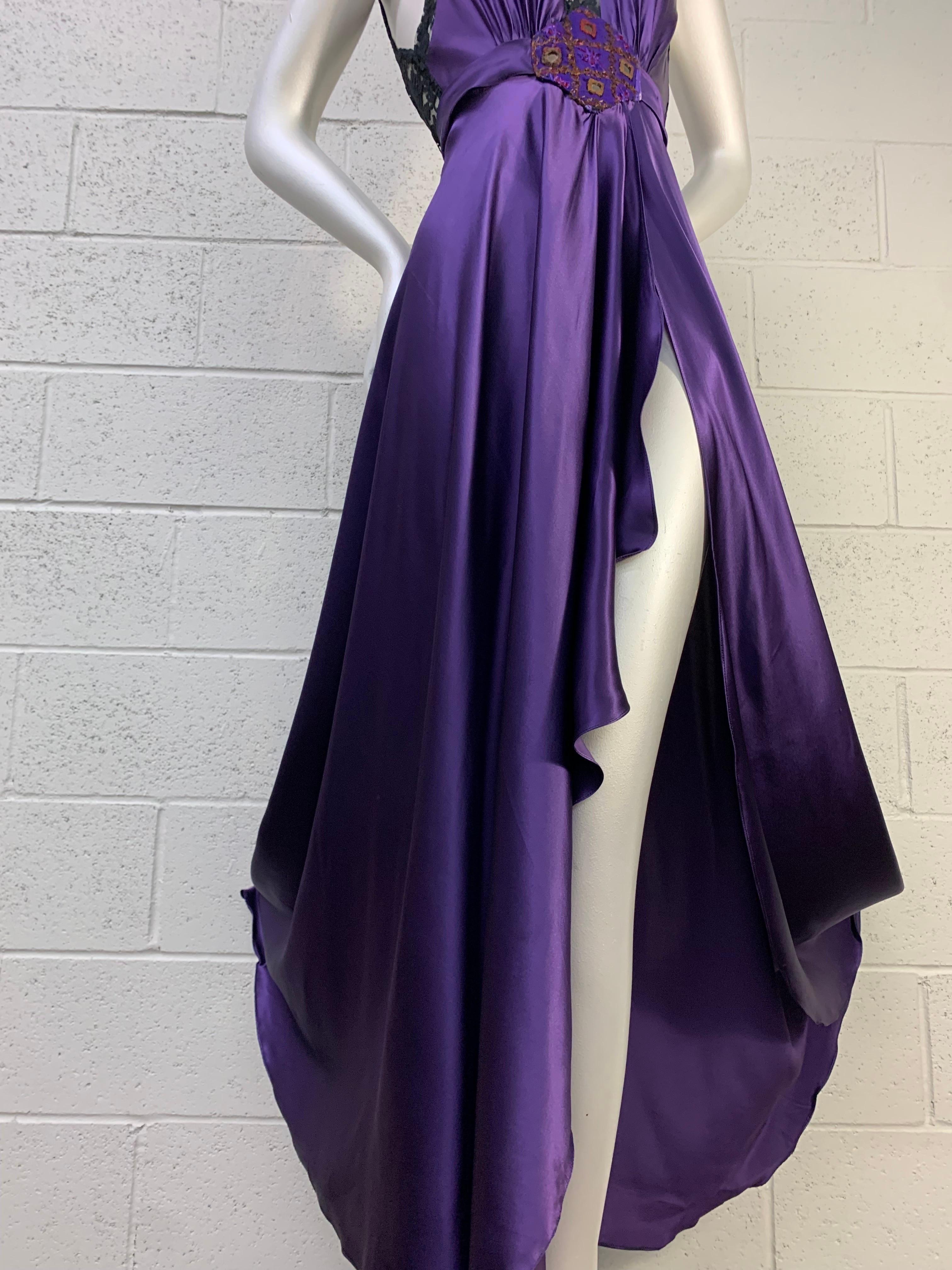 Torso Creations Royal Silk Slip Dress w Hi-Low Hem & Lace Inset & Mirror Details In New Condition For Sale In Gresham, OR