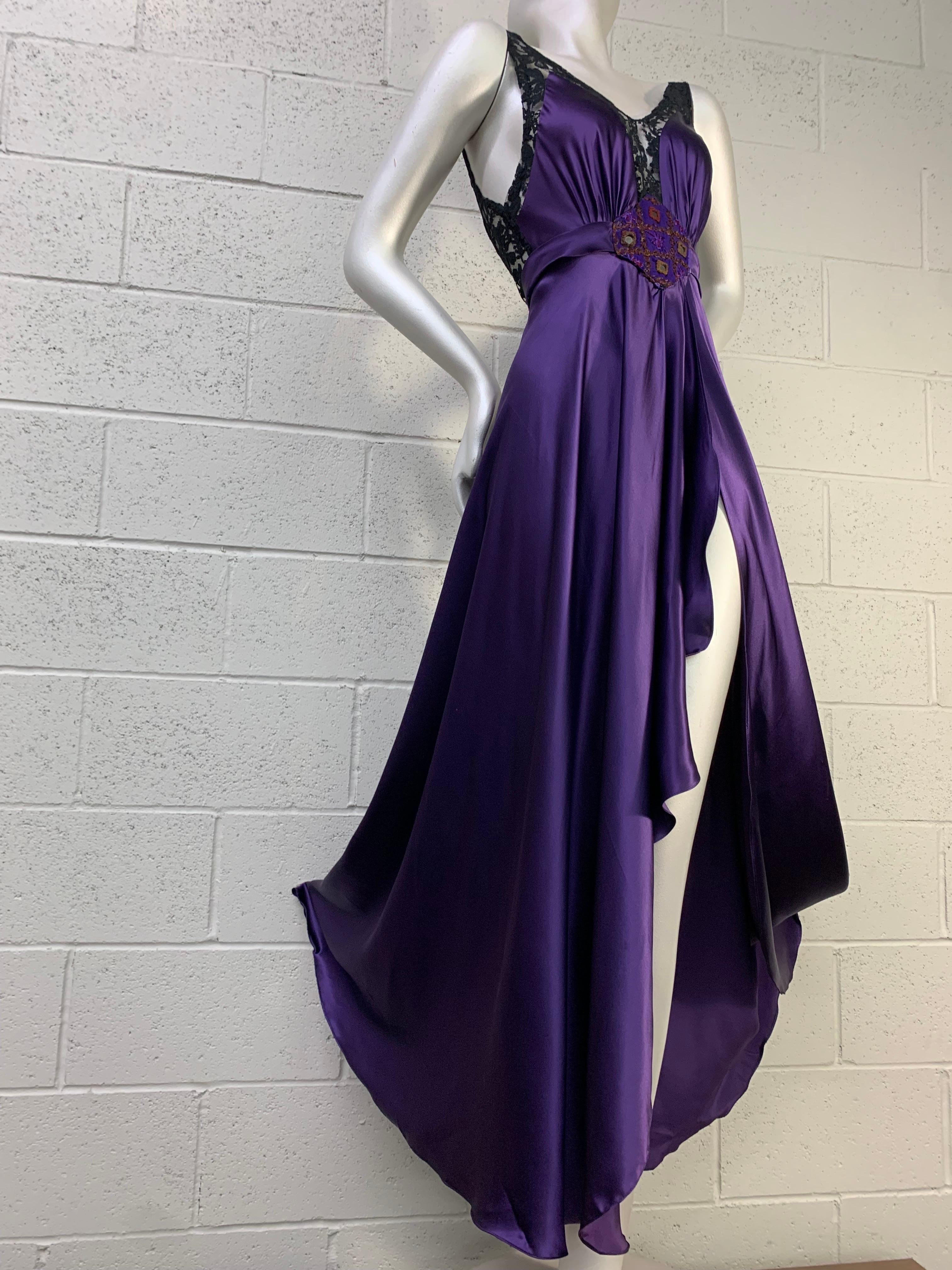 Women's Torso Creations Royal Silk Slip Dress w Hi-Low Hem & Lace Inset & Mirror Details For Sale
