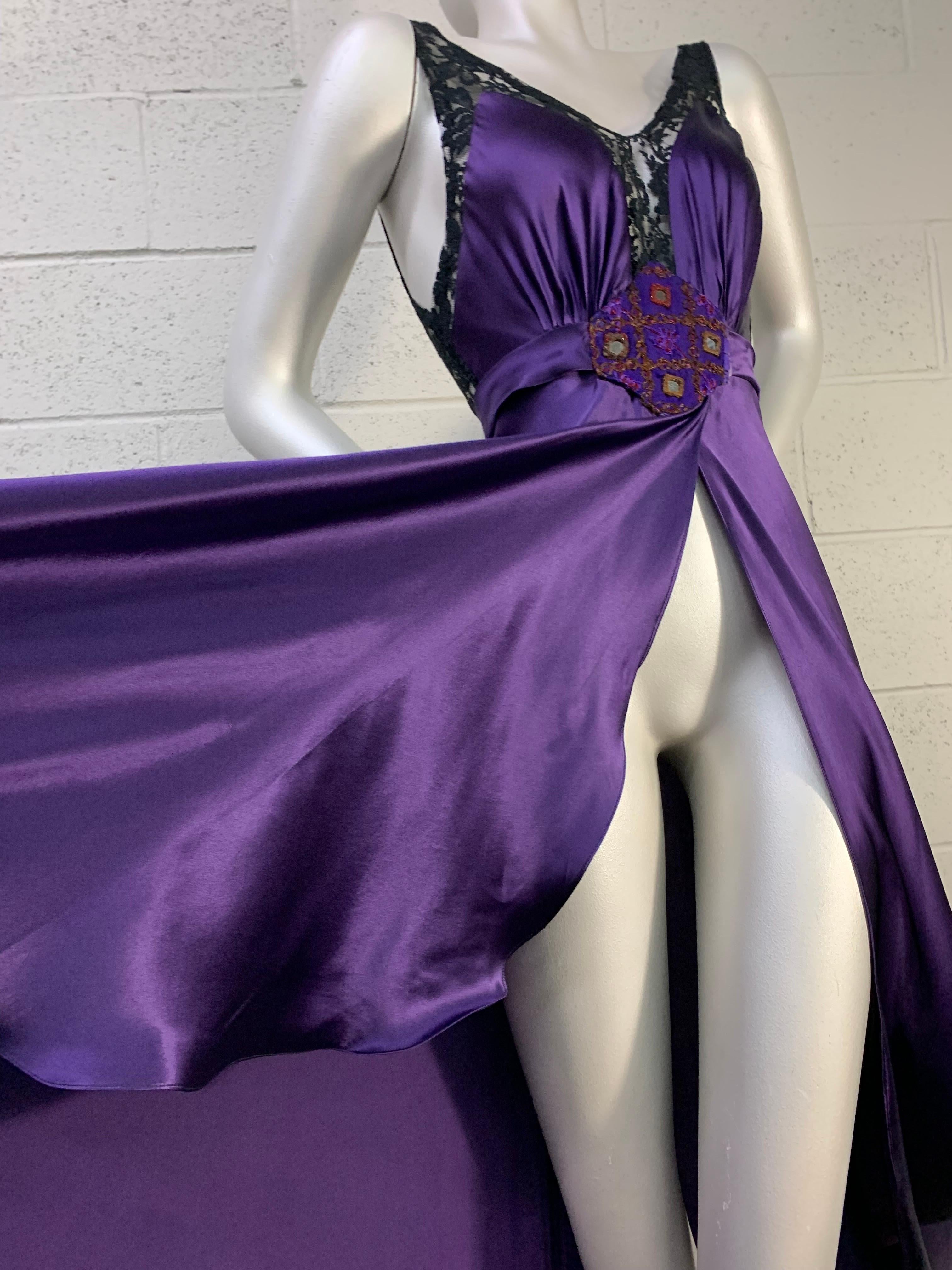 Torso Creations Royal Silk Slip Dress w Hi-Low Hem & Lace Inset & Mirror Details For Sale 1