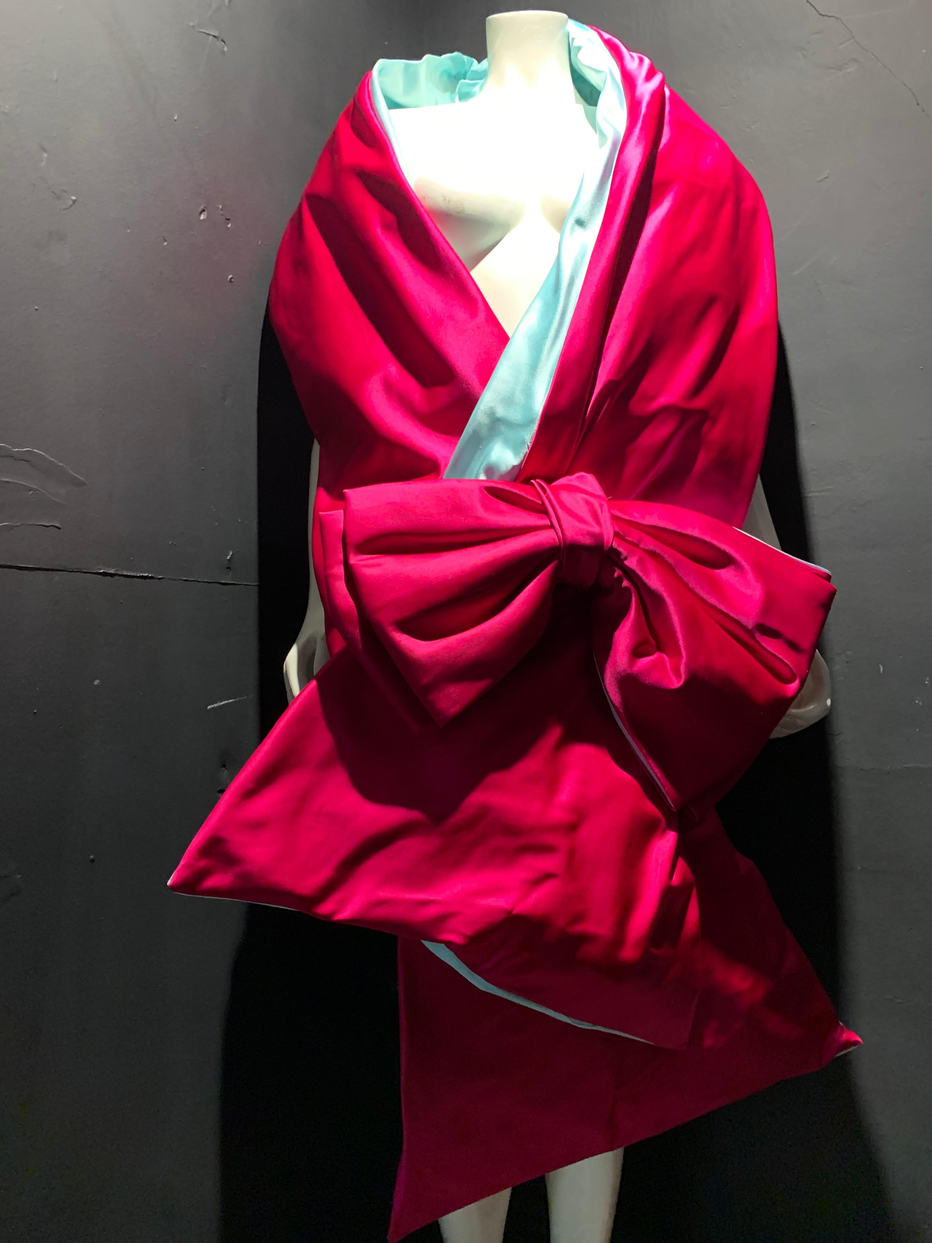 Women's or Men's Torso Creations Shocking Pink & Baby Blue Silk Satin Bow Evening Stole For Sale