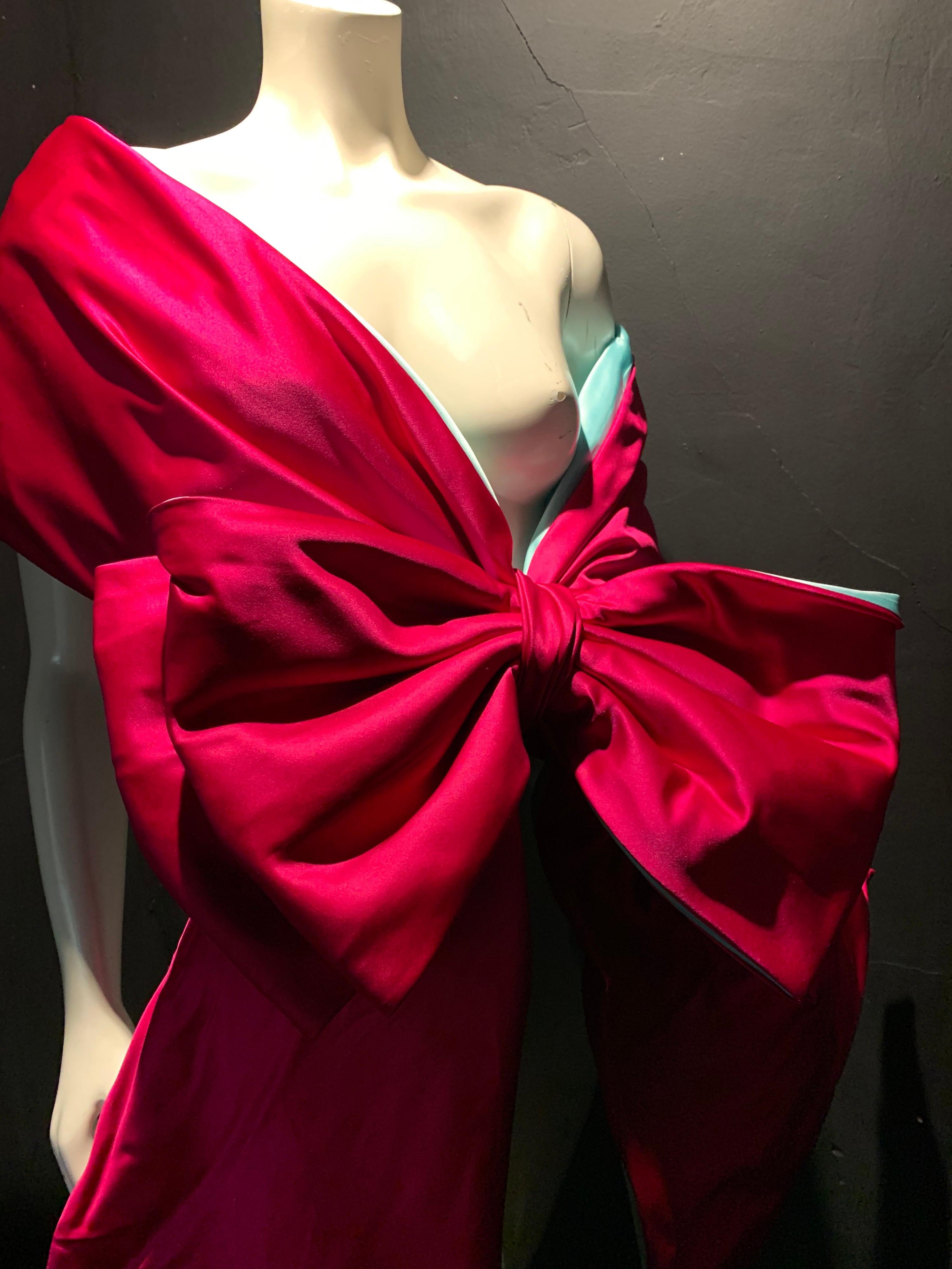 Torso Creations Shocking Pink & Baby Blue Silk Satin Bow Evening Stole In Excellent Condition For Sale In Gresham, OR