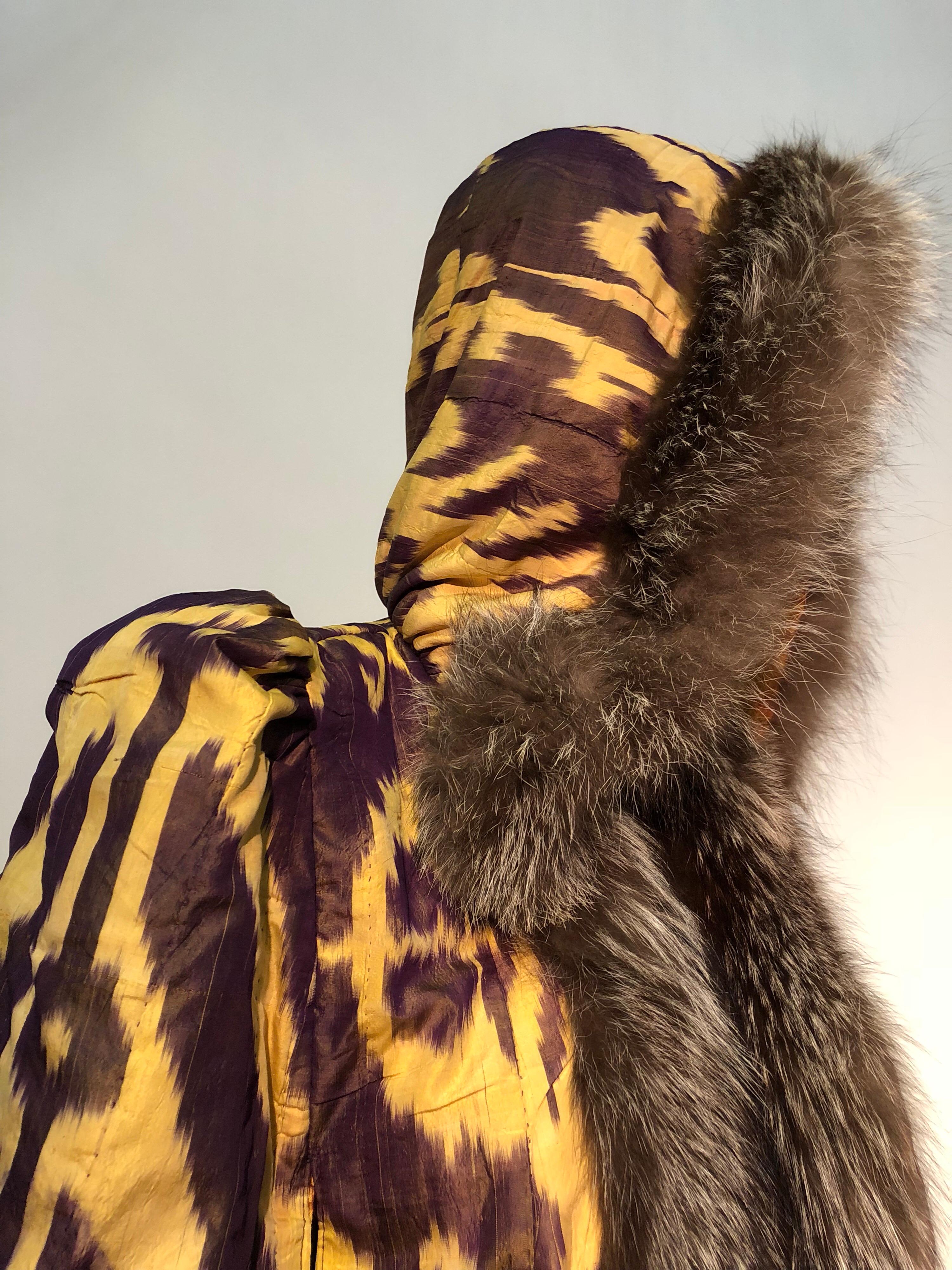 Torso Creations Silk Ikat 1930s Style Caplet W/ Hood & Fox Fur Trim  For Sale 13