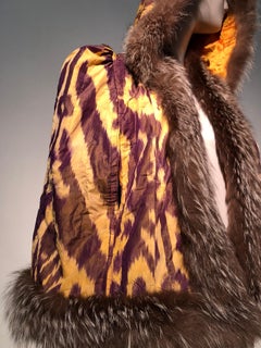Torso Creations Silk Ikat 1930s Style Caplet W/ Hood & Fox Fur Trim