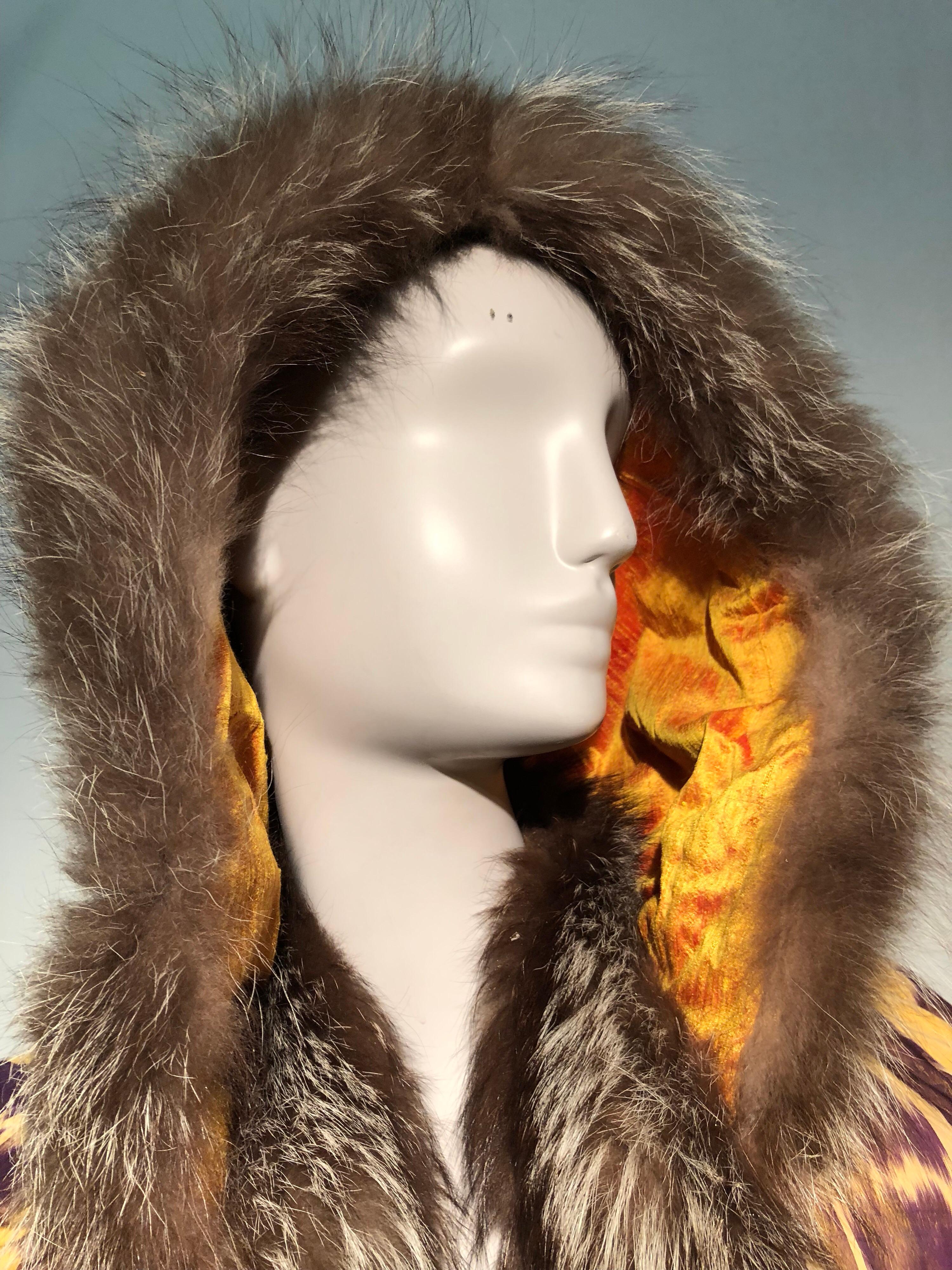 Women's Torso Creations Silk Ikat 1930s Style Caplet W/ Hood & Fox Fur Trim  For Sale