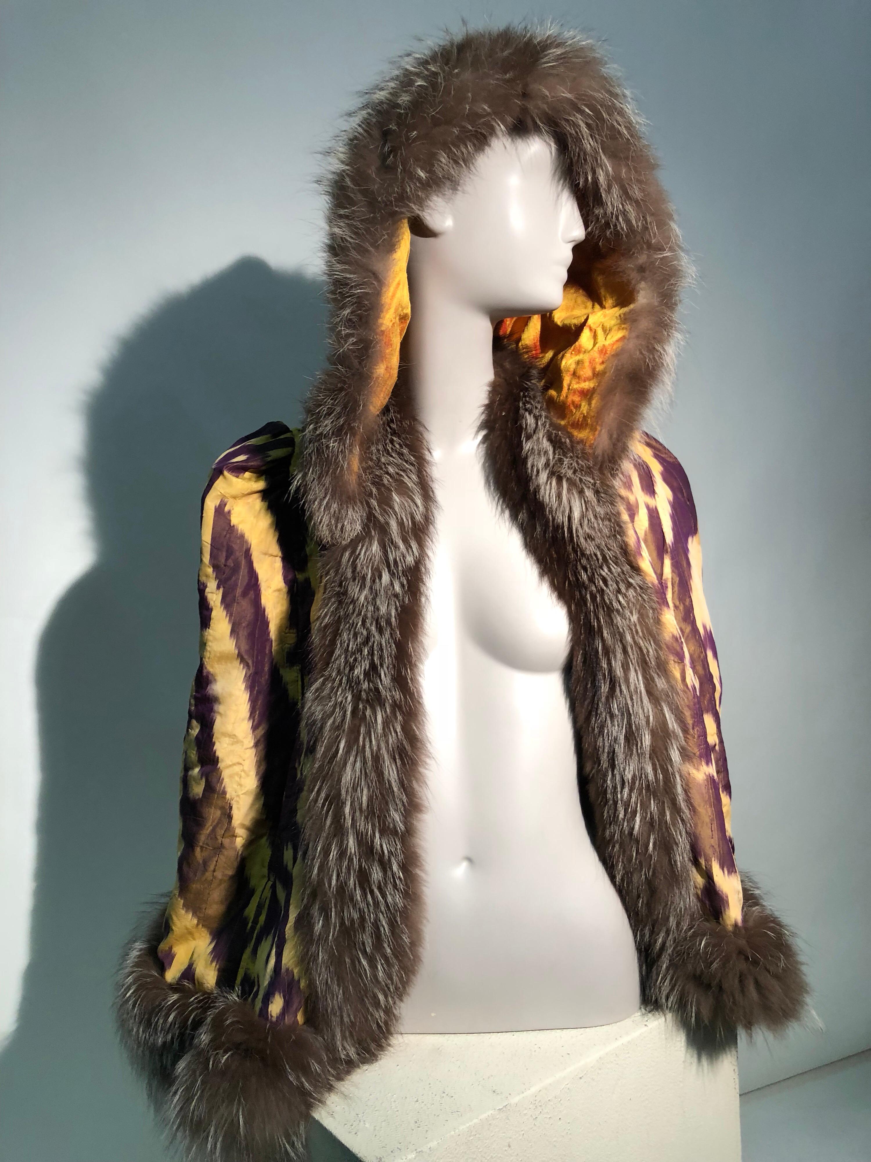 Torso Creations Silk Ikat 1930s Style Caplet W/ Hood & Fox Fur Trim  For Sale 1
