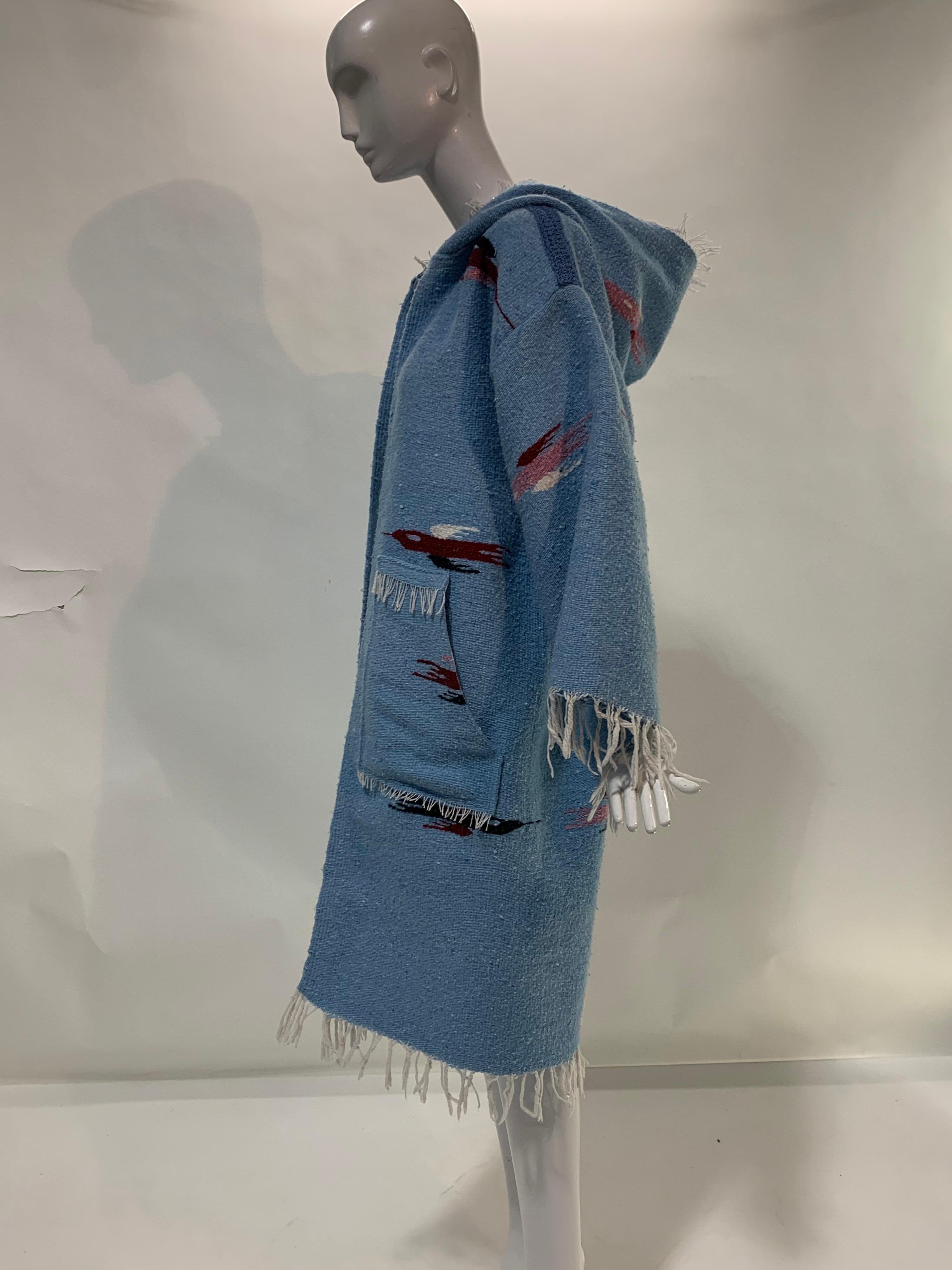 Torso Creations Southwest-Style Hand-Woven Pale Blue Blanket Coat w/ Hood  For Sale 2