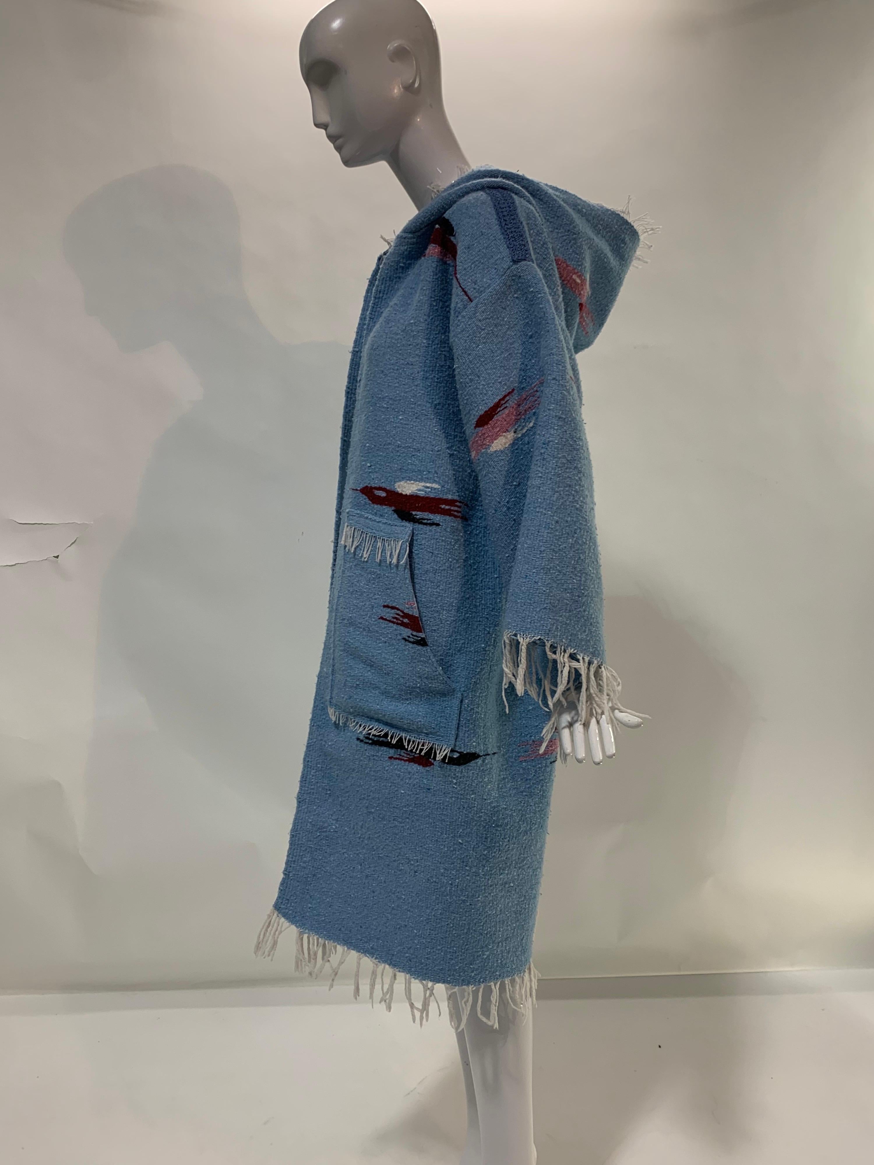 Torso Creations Southwest-Style Hand-Woven Pale Blue Blanket Coat w/ Hood For Sale 2