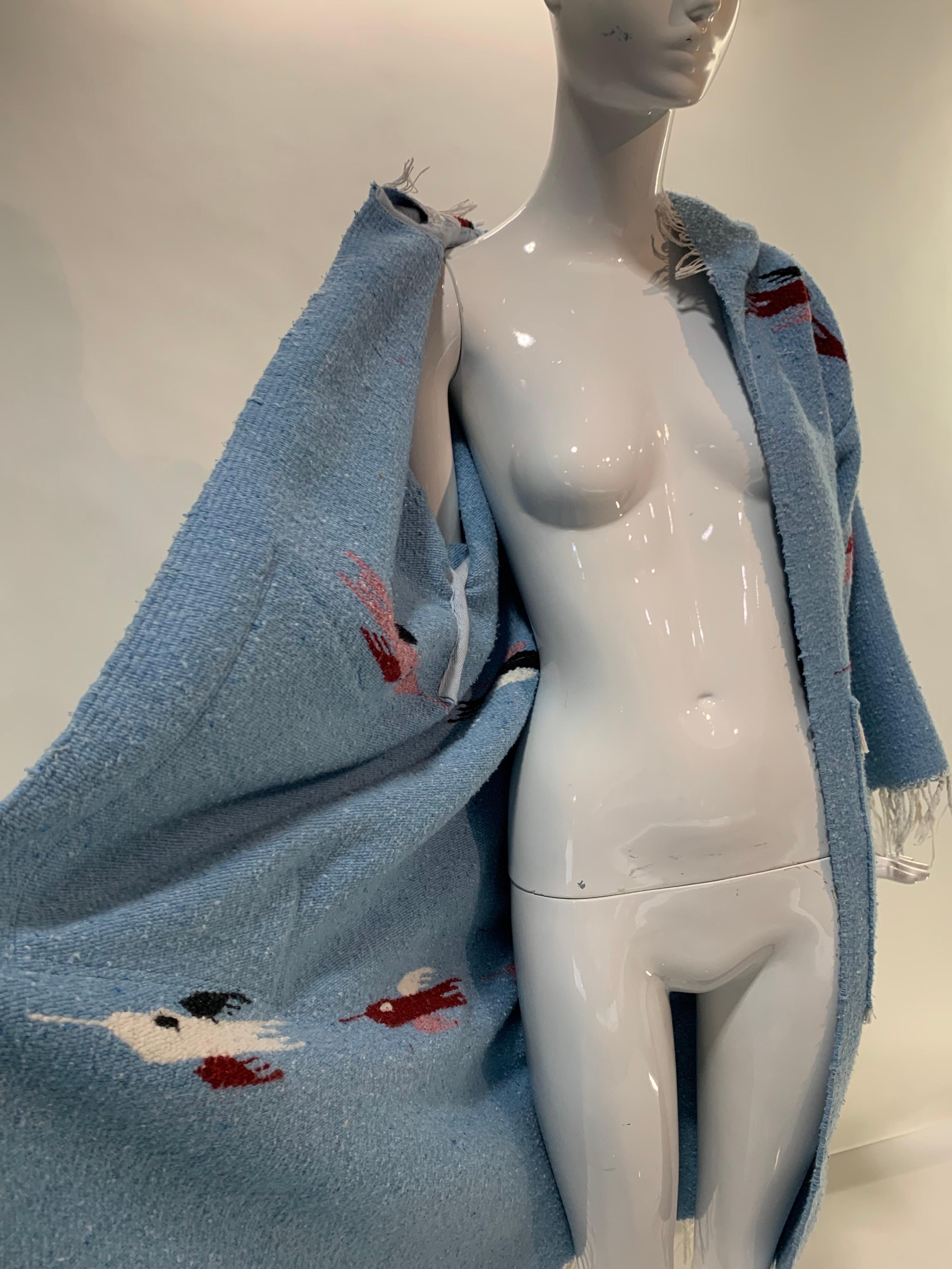 Torso Creations Southwest-Style Hand-Woven Pale Blue Blanket Coat w/ Hood  For Sale 3