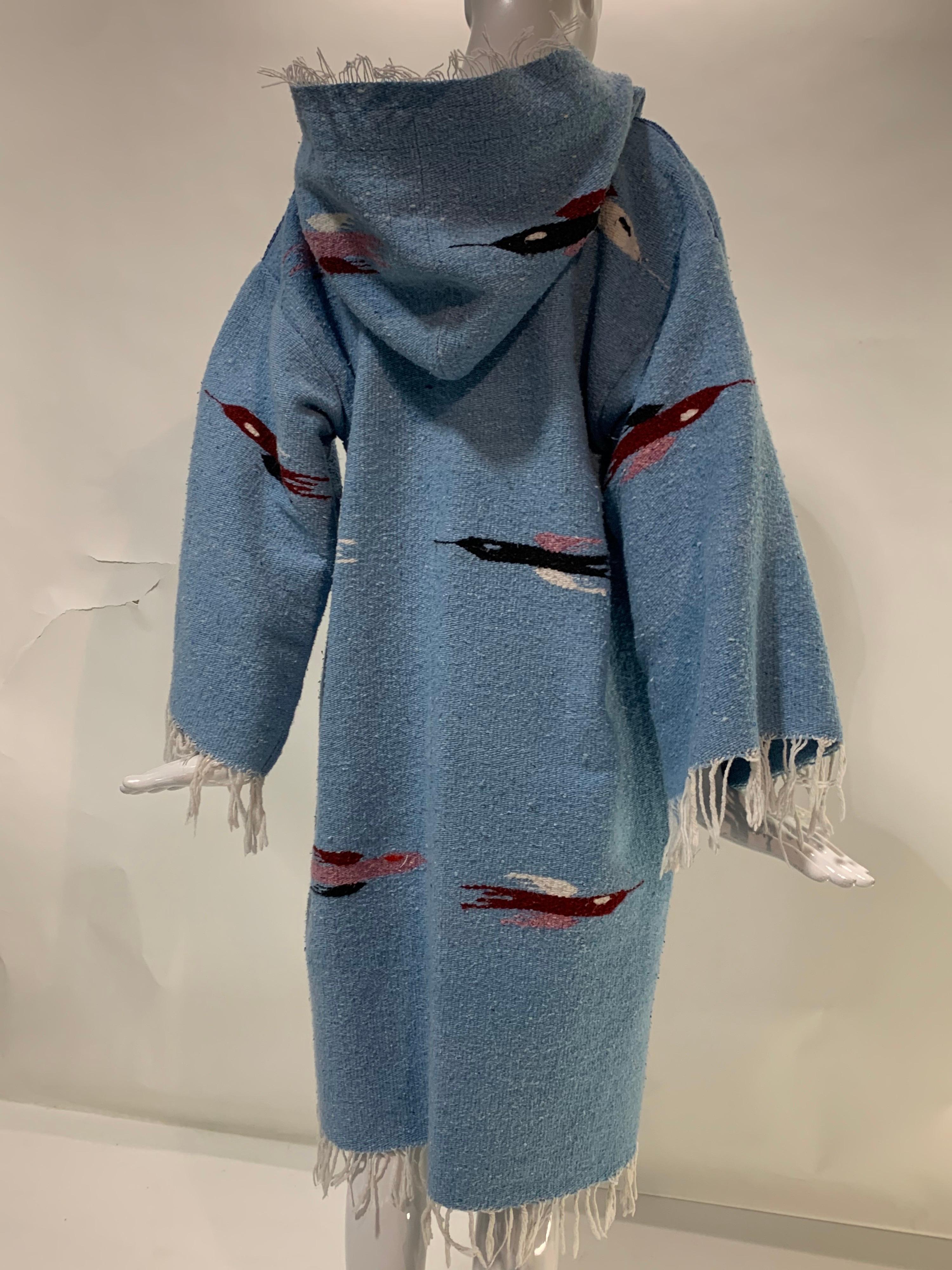 Torso Creations Southwest-Style Hand-Woven Pale Blue Blanket Coat w/ Hood  In Excellent Condition For Sale In Gresham, OR