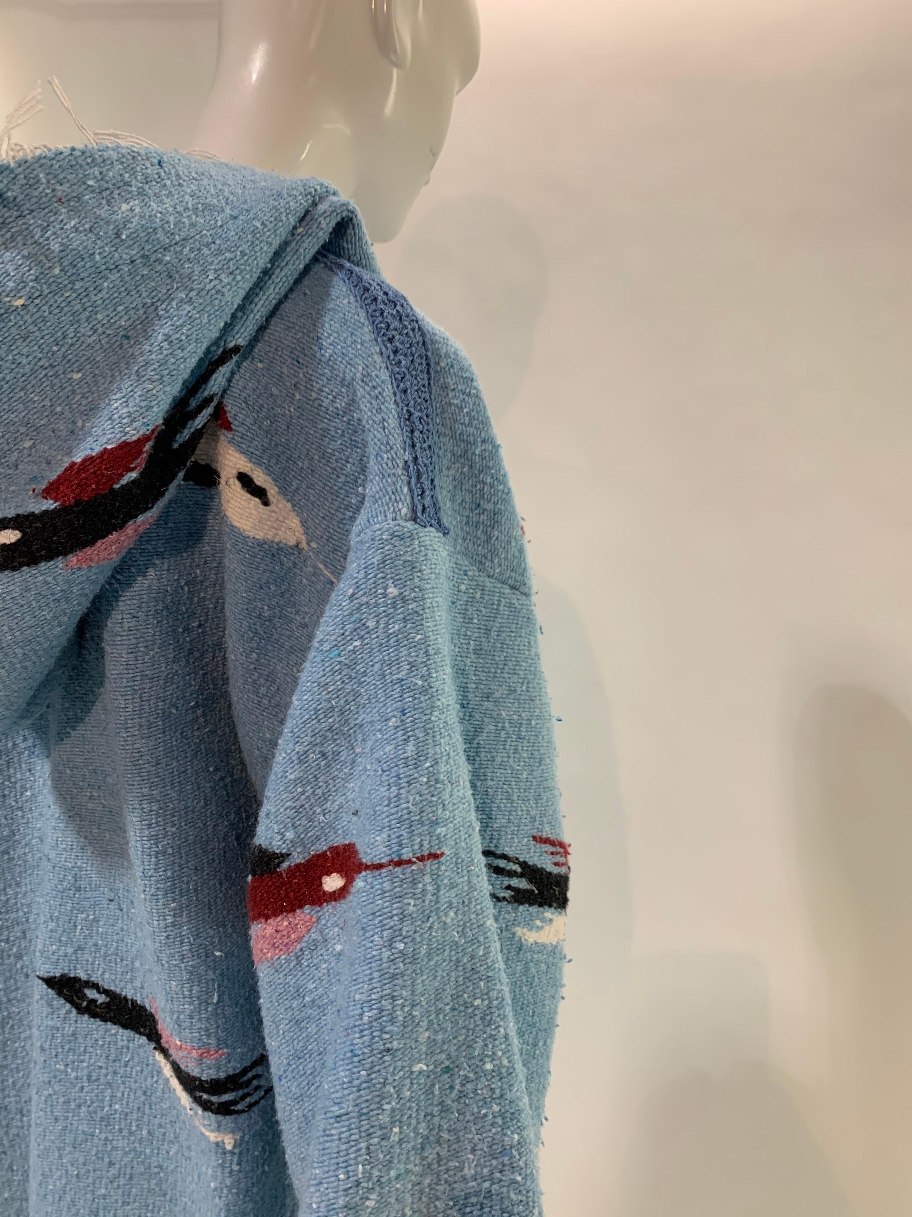 Women's or Men's Torso Creations Southwest-Style Hand-Woven Pale Blue Blanket Coat w/ Hood  For Sale