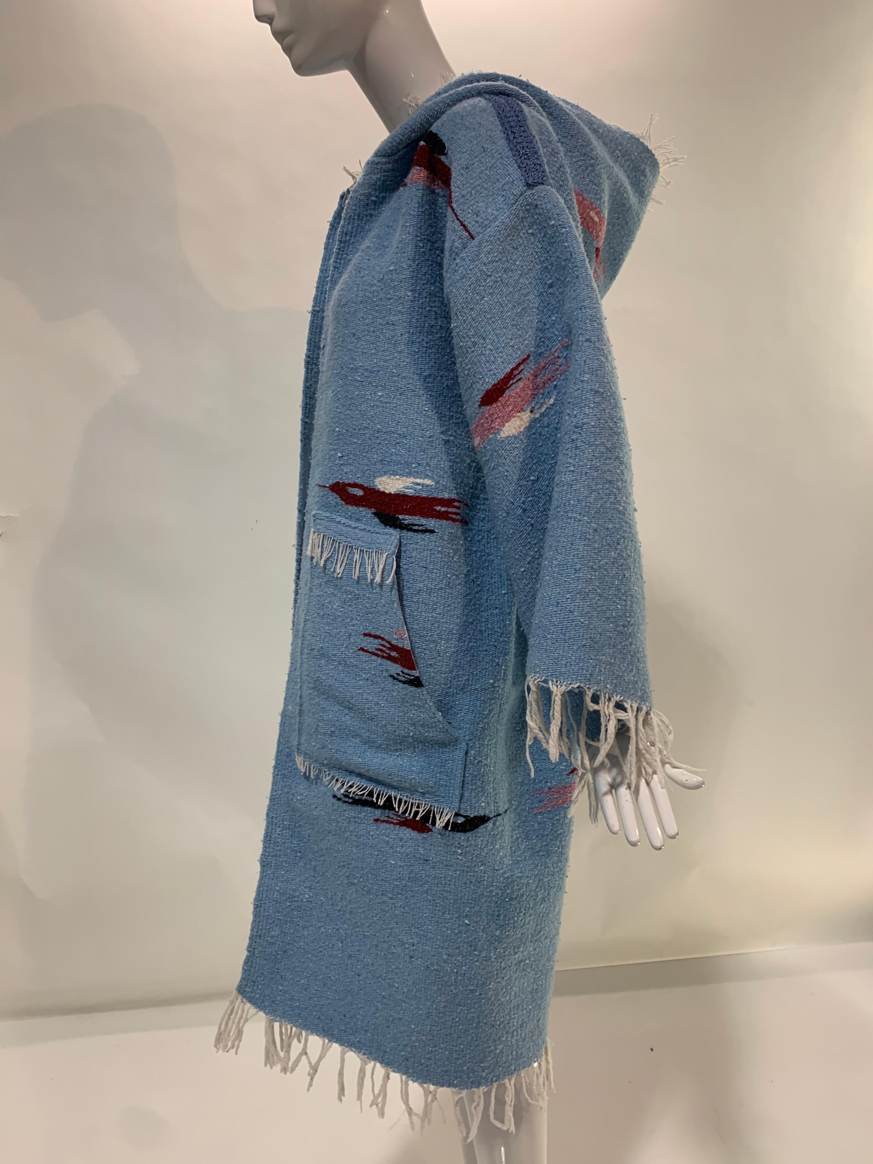 Torso Creations Southwest-Style Hand-Woven Pale Blue Blanket Coat w/ Hood  For Sale 1