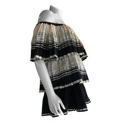Torso Creations Tiered  Ruffled Peasant Blouse in Black W/ Silver Rickrack