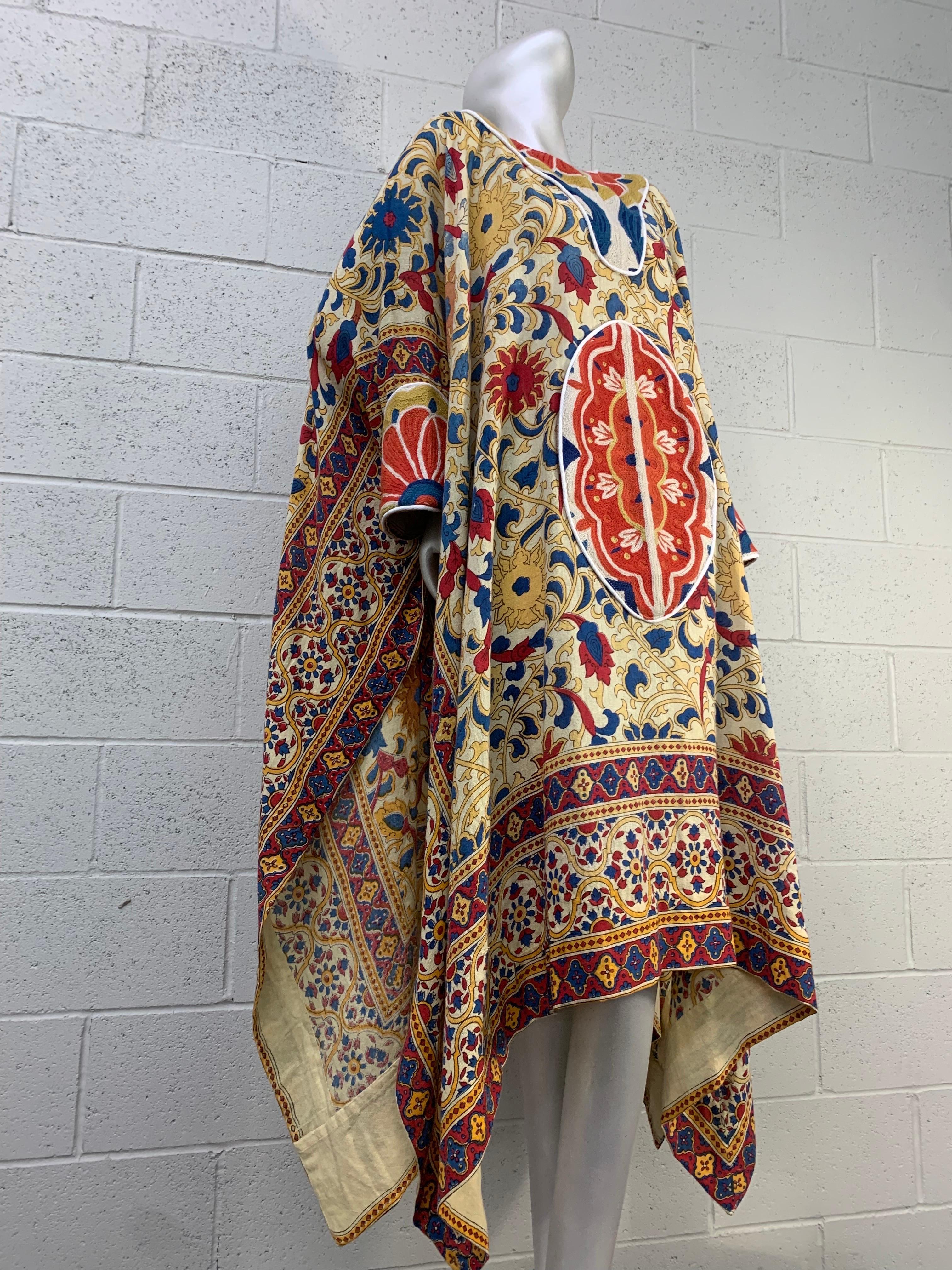 Torso Creations Tree Of Life Print Cotton Caftan w Crewel Embroidery and Piping: White cotton piping edges the neck panel as well as the front pouch pocket panel covered in a floral crewel stitch. Back of caftan also features a large central floral
