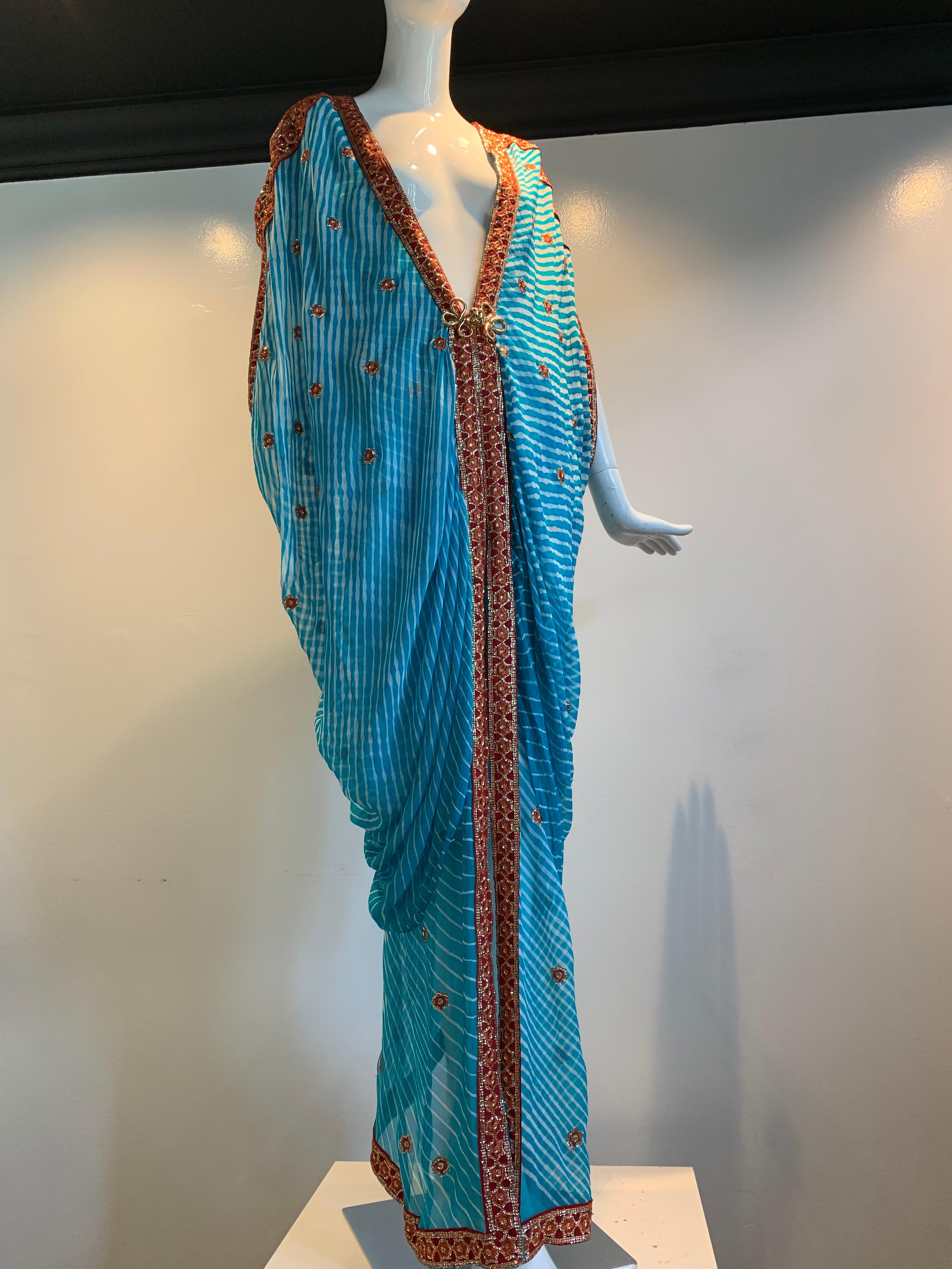Blue Torso Creations Turquoise Silk Embroidered Double-Layered Caftan W/ Drawstring