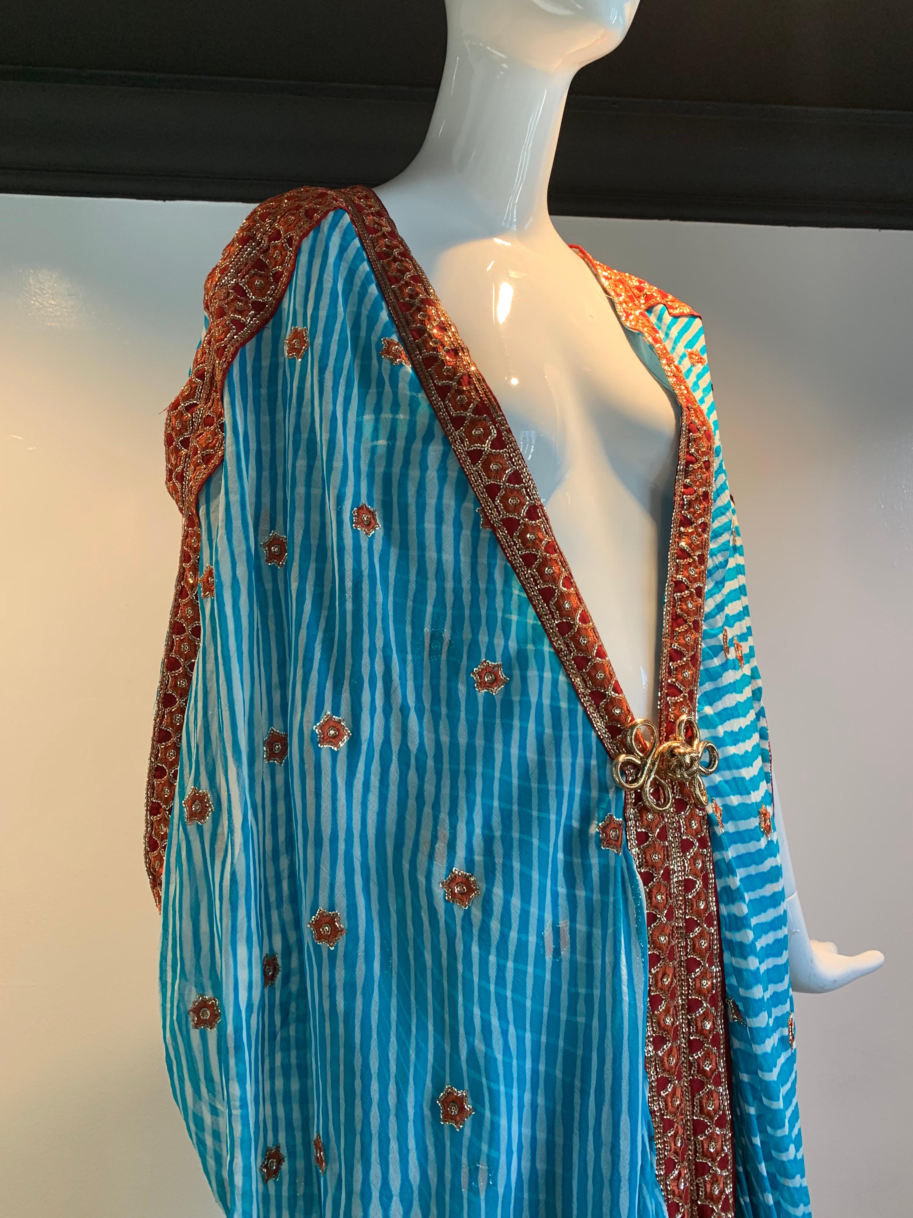 Torso Creations Turquoise Silk Embroidered Double-Layered Caftan W/ Drawstring In Excellent Condition In Gresham, OR