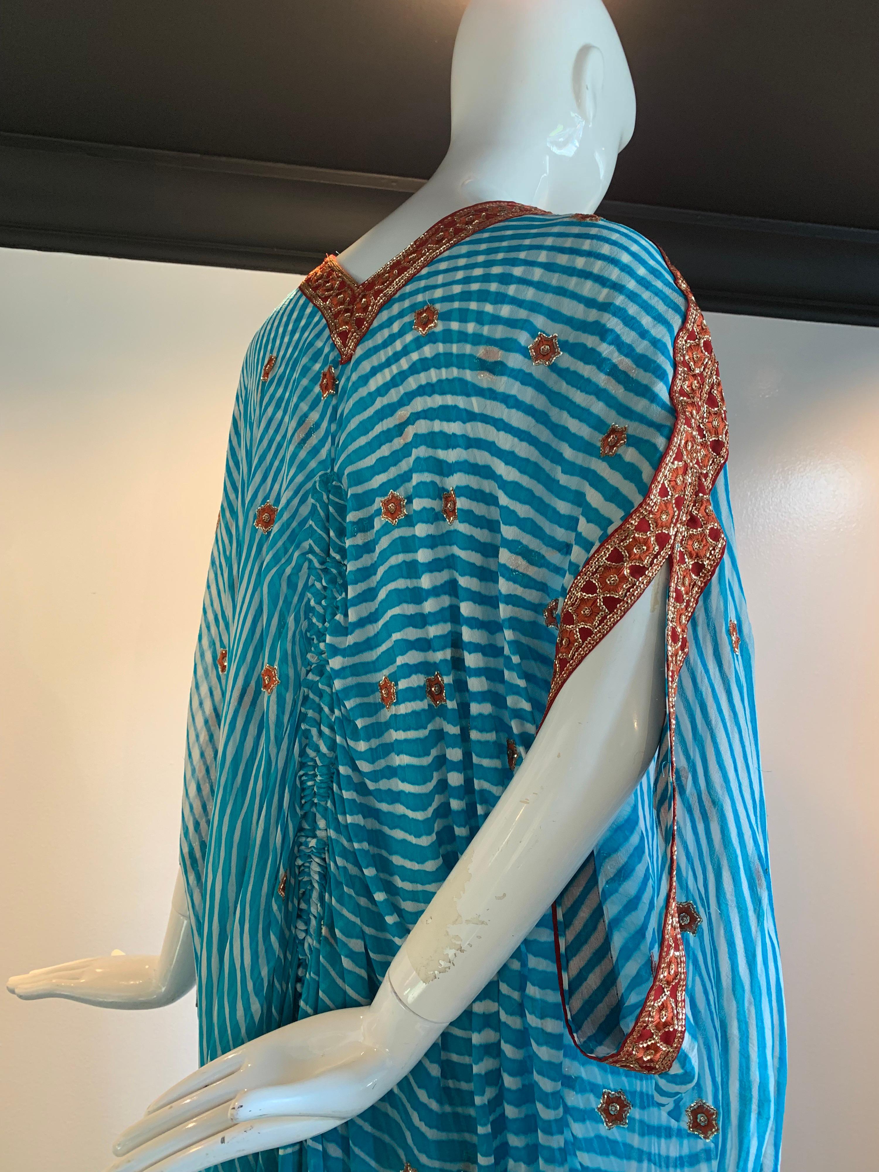 Torso Creations Turquoise Silk Embroidered Double-Layered Caftan W/ Drawstring 3