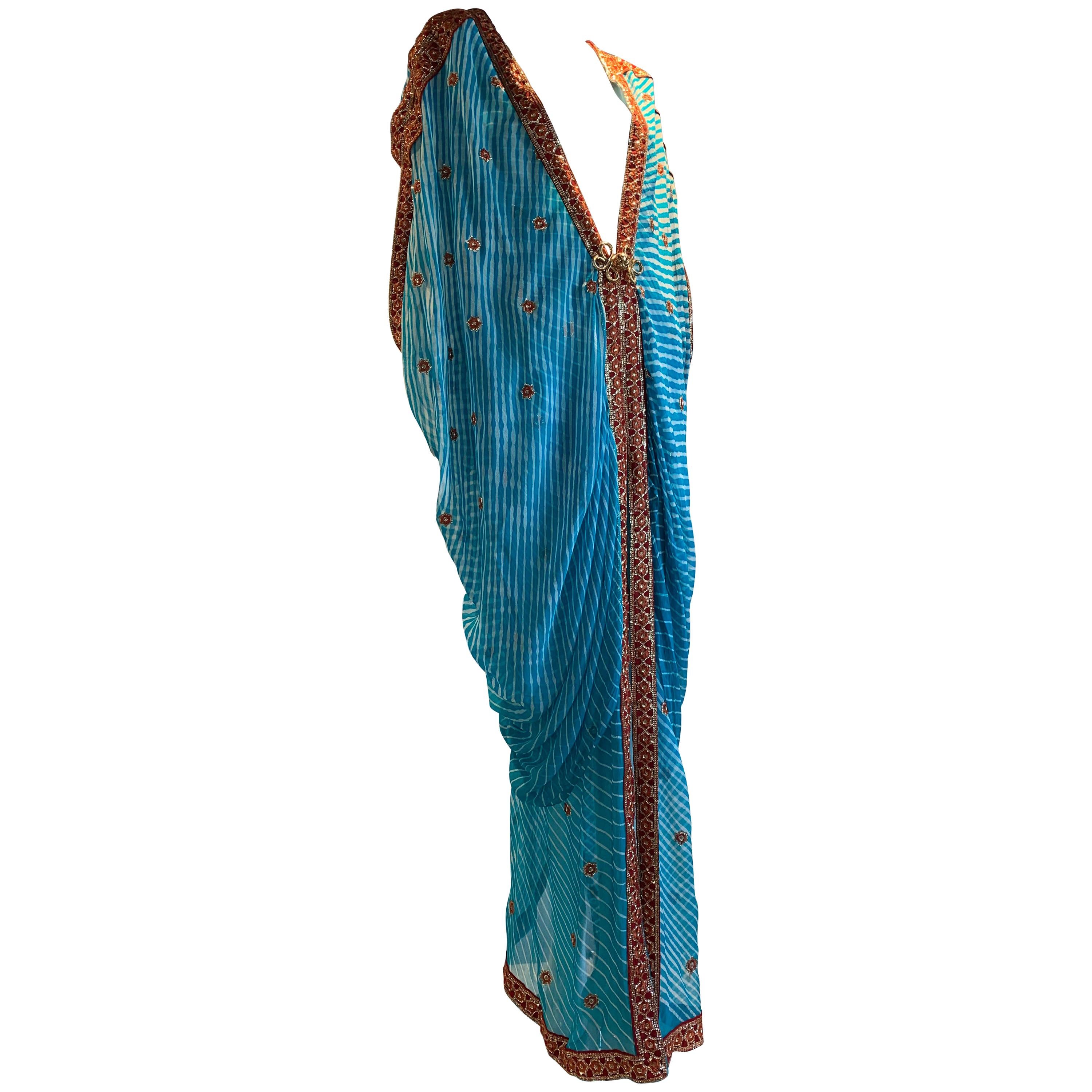 Torso Creations Turquoise Silk Embroidered Double-Layered Caftan W/ Drawstring