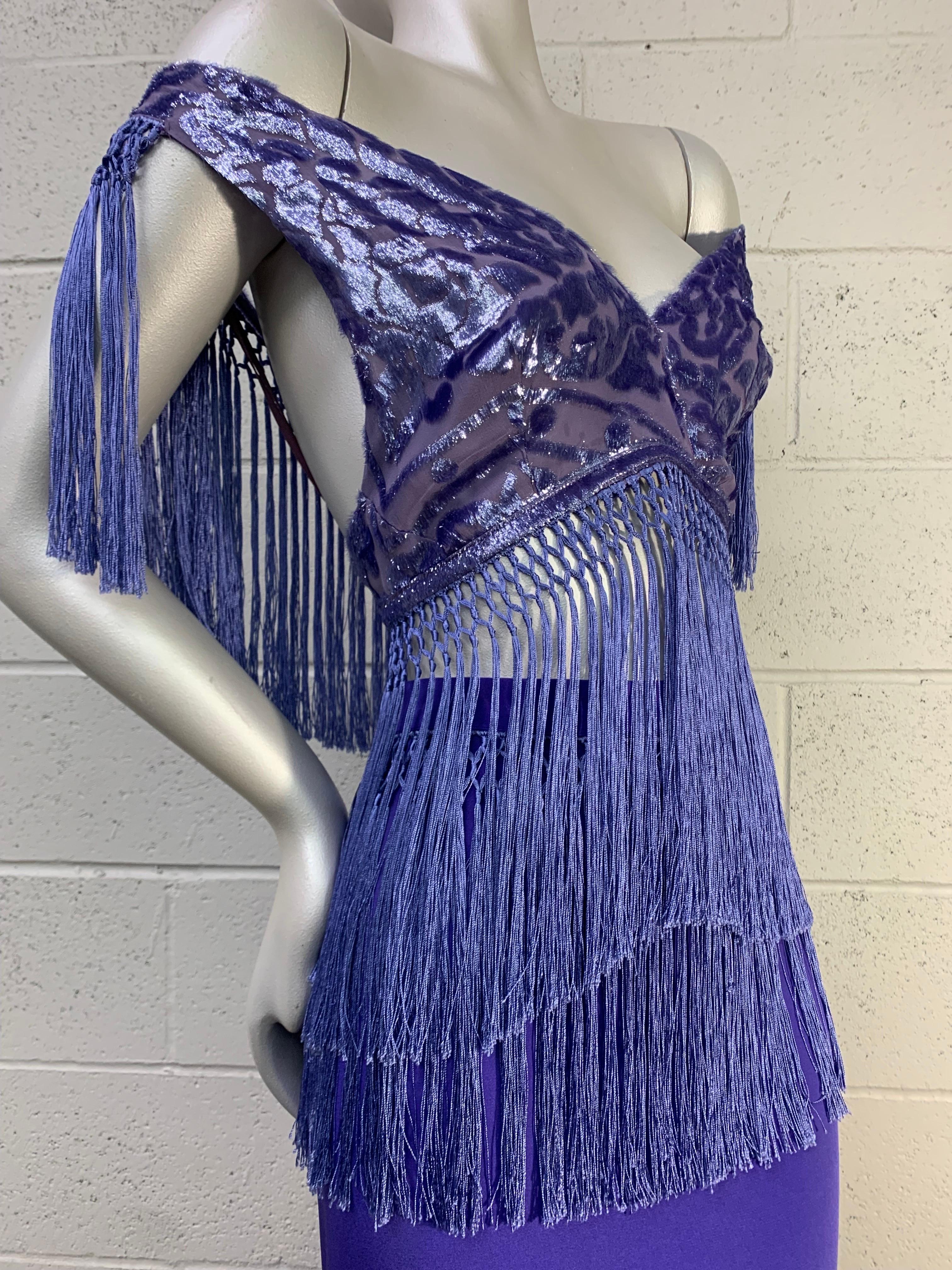 Torso Creations Ultra-Violet 2-Piece Velvet Devore Fringed Skirt & Top Ensemble:  Hi-Low cut hem skirt in silk crepe with a fringed waistband. Top is remastered from a silk velvet fringed shawl in a bra-style with back hook closure and adjustible