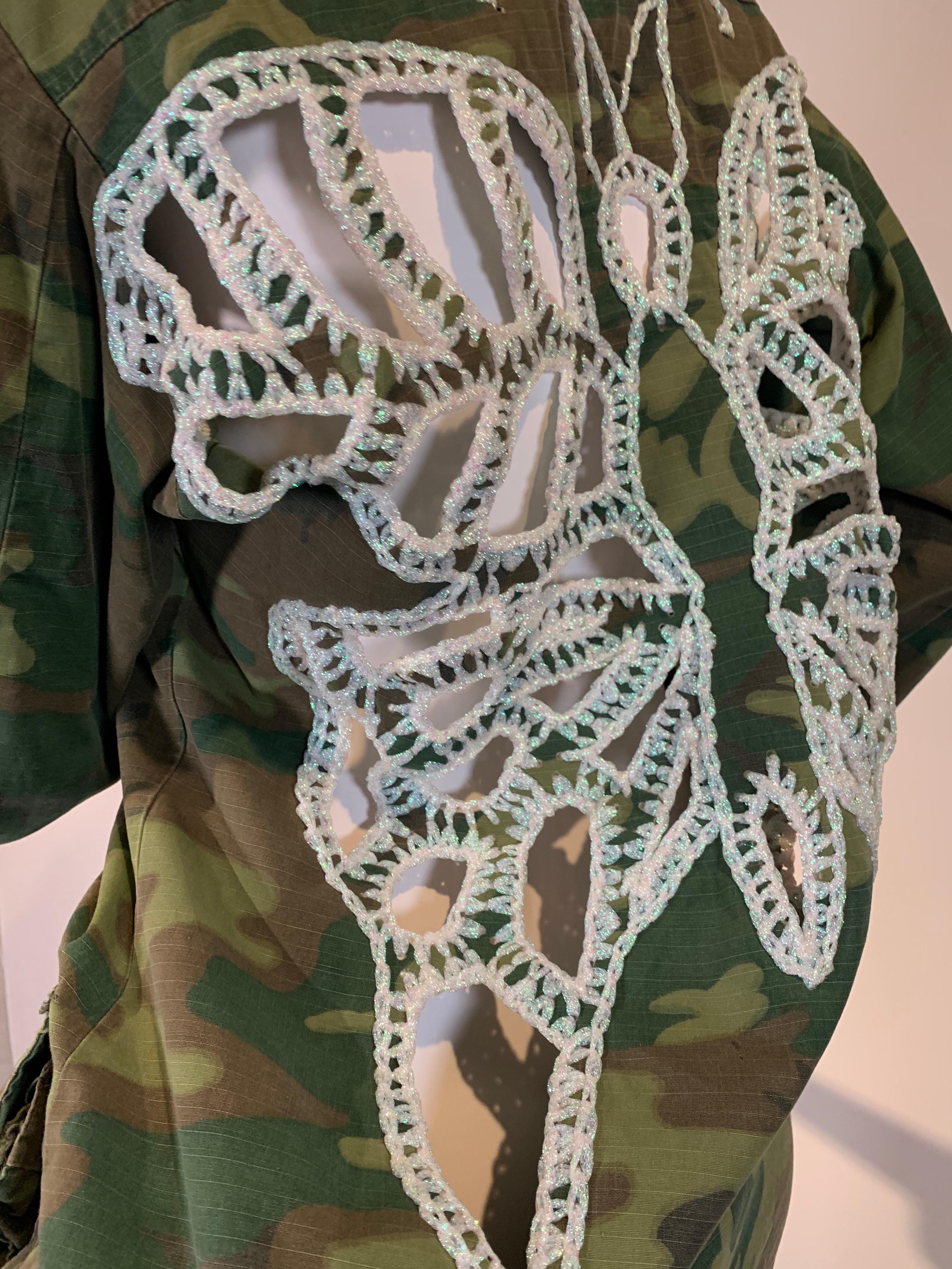 Torso Creations Vintage Military Camouflage Jacket w/Crochet Stenciled Butterfly For Sale 4