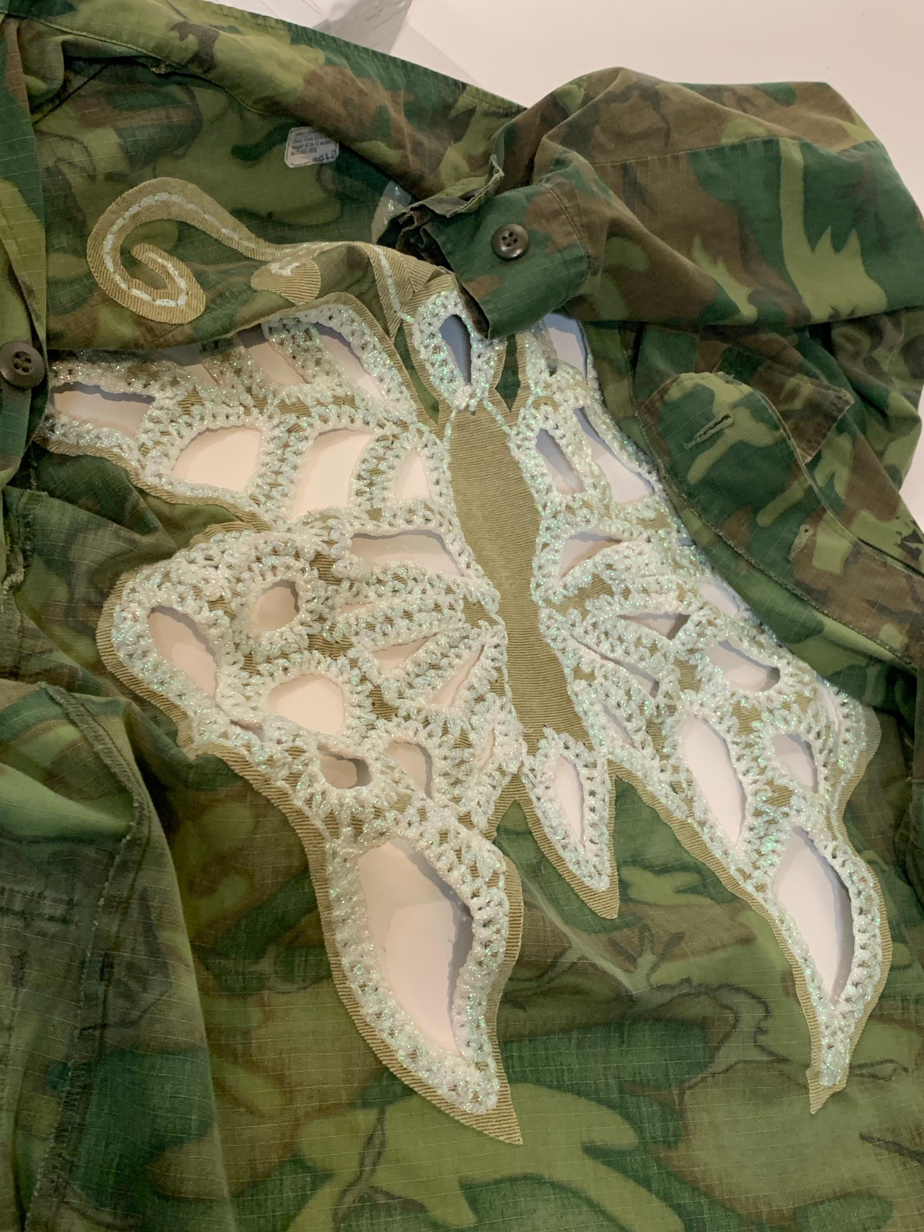 Torso Creations Vintage Military Camouflage Jacket w/Crochet Stenciled Butterfly For Sale 11