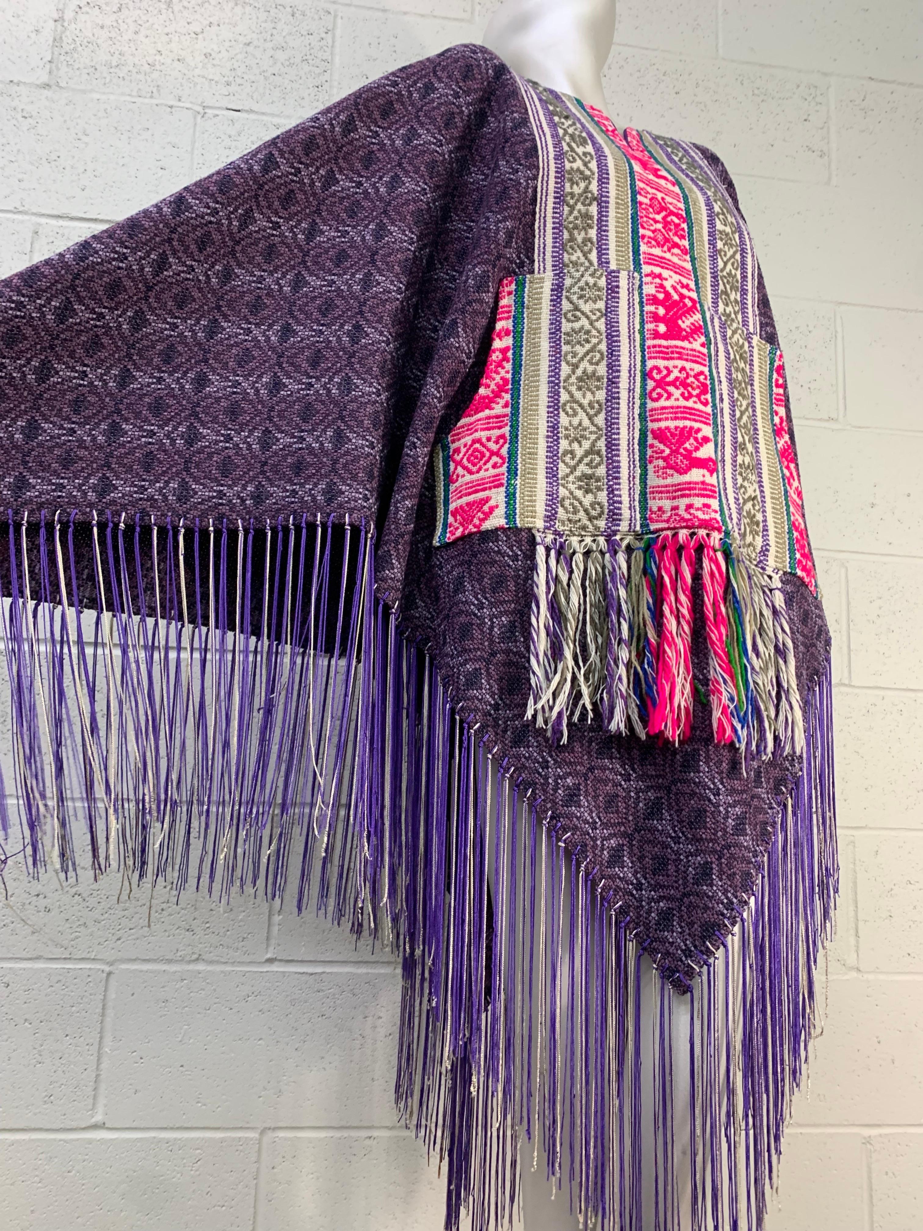 Torso Creations Wool & Silk Woven Poncho in Purple Pink & Gray w Fringed Hem In Excellent Condition In Gresham, OR