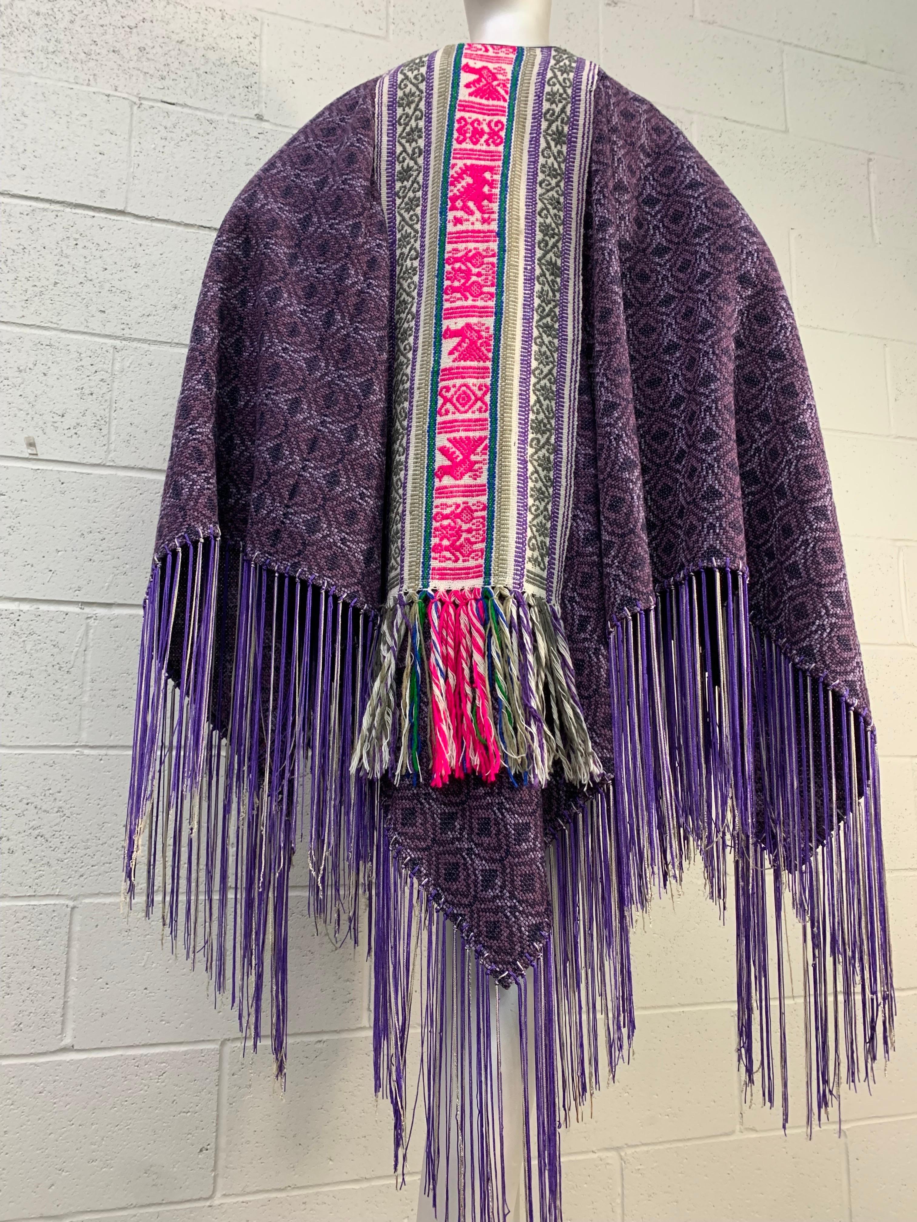 Women's Torso Creations Wool & Silk Woven Poncho in Purple Pink & Gray w Fringed Hem