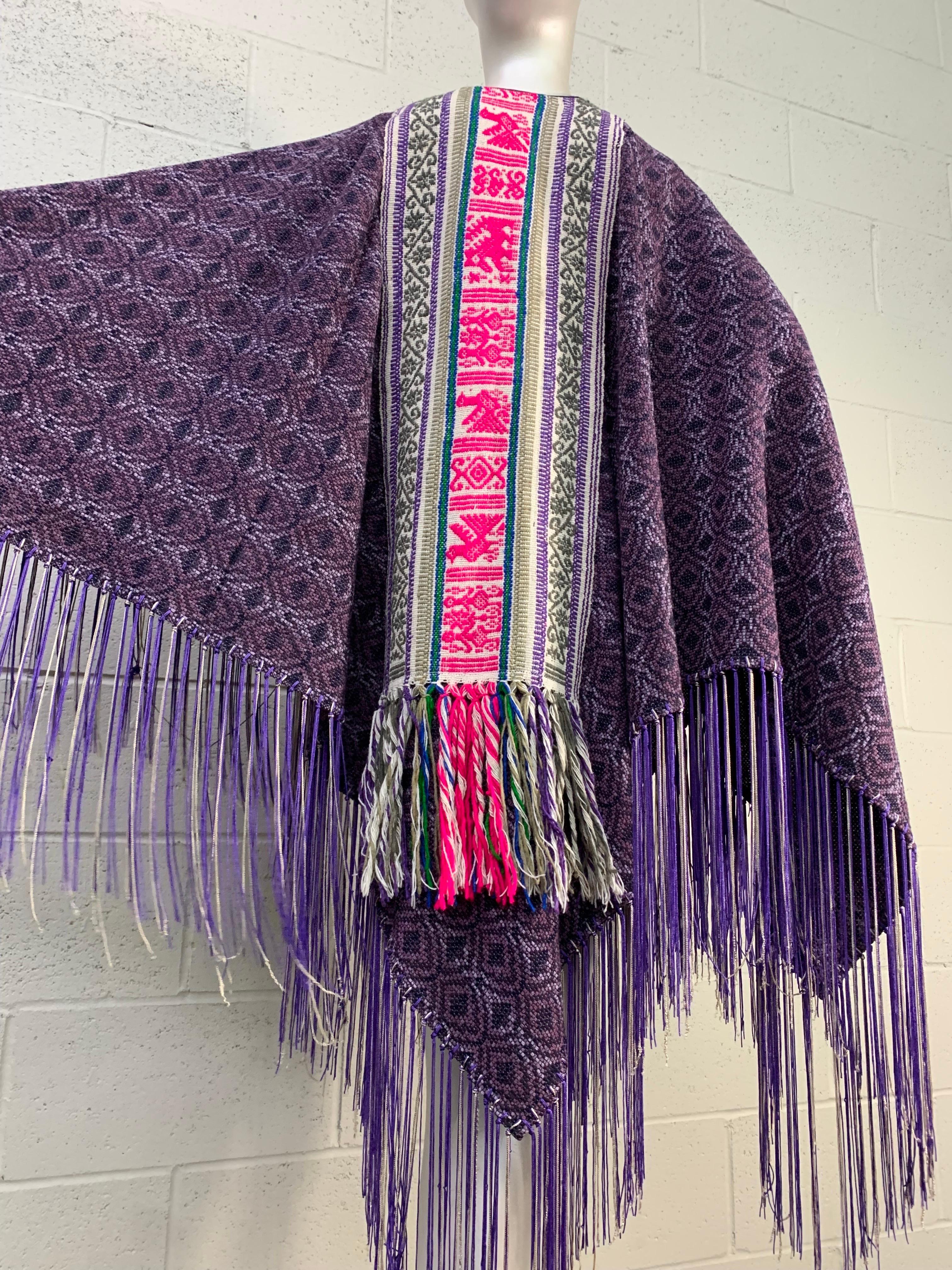 Torso Creations Wool & Silk Woven Poncho in Purple Pink & Gray w Fringed Hem 1