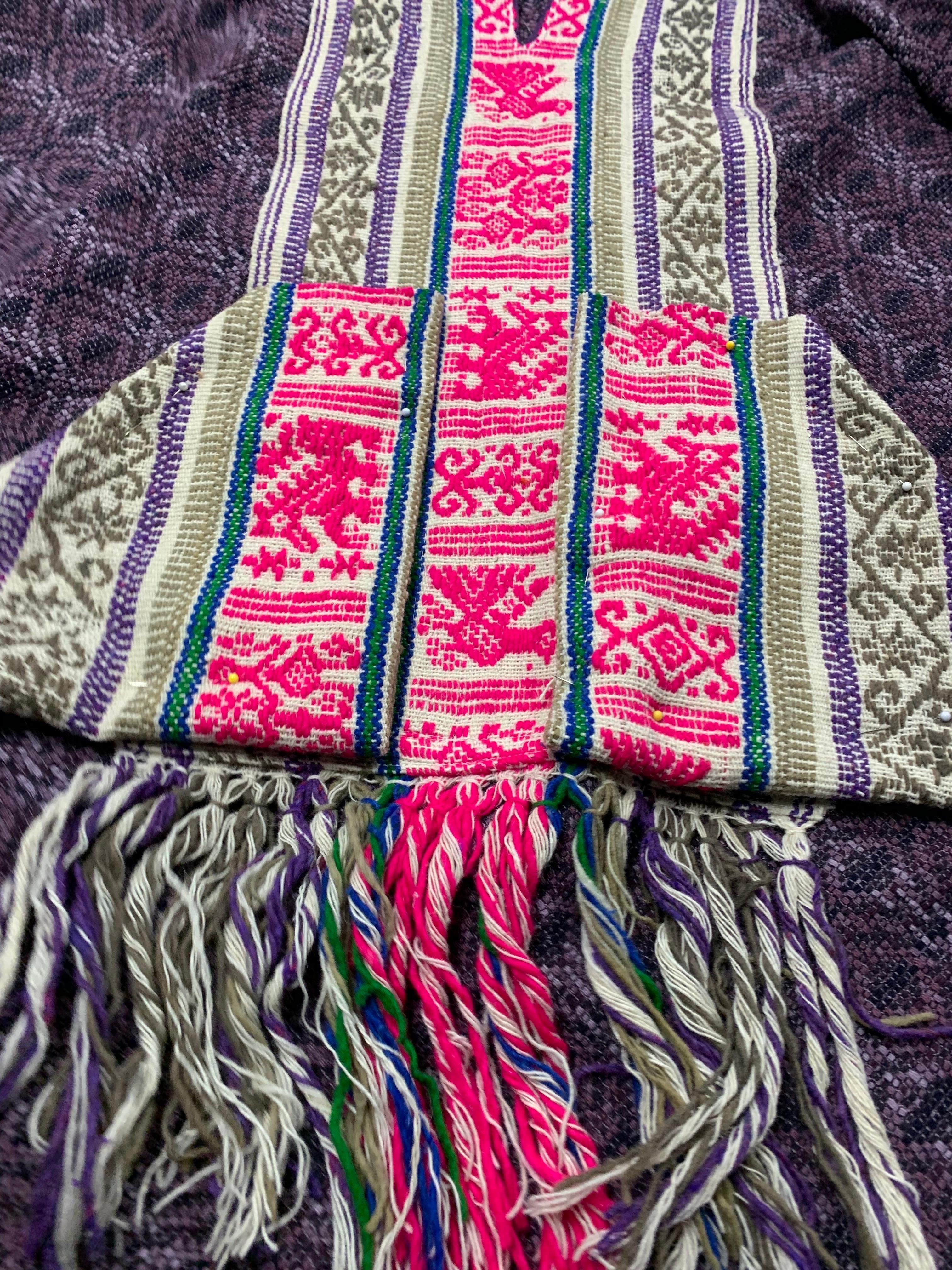 Torso Creations Wool & Silk Woven Poncho in Purple Pink & Gray w Fringed Hem 2