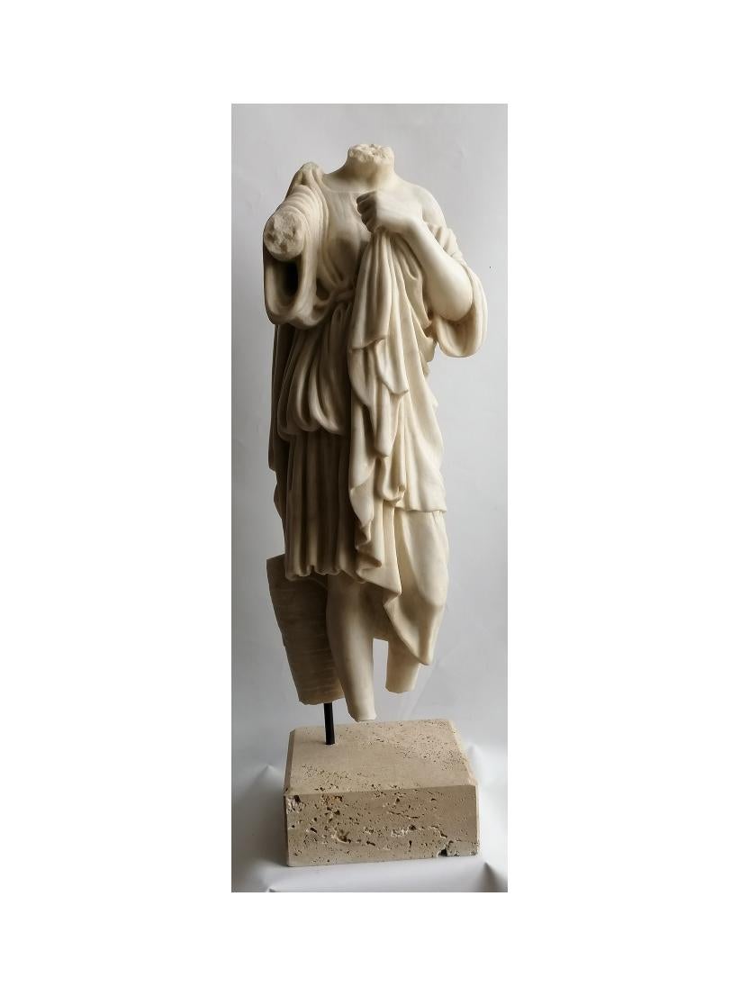 Greco Roman Female torso with white Carrara marble drapery For Sale