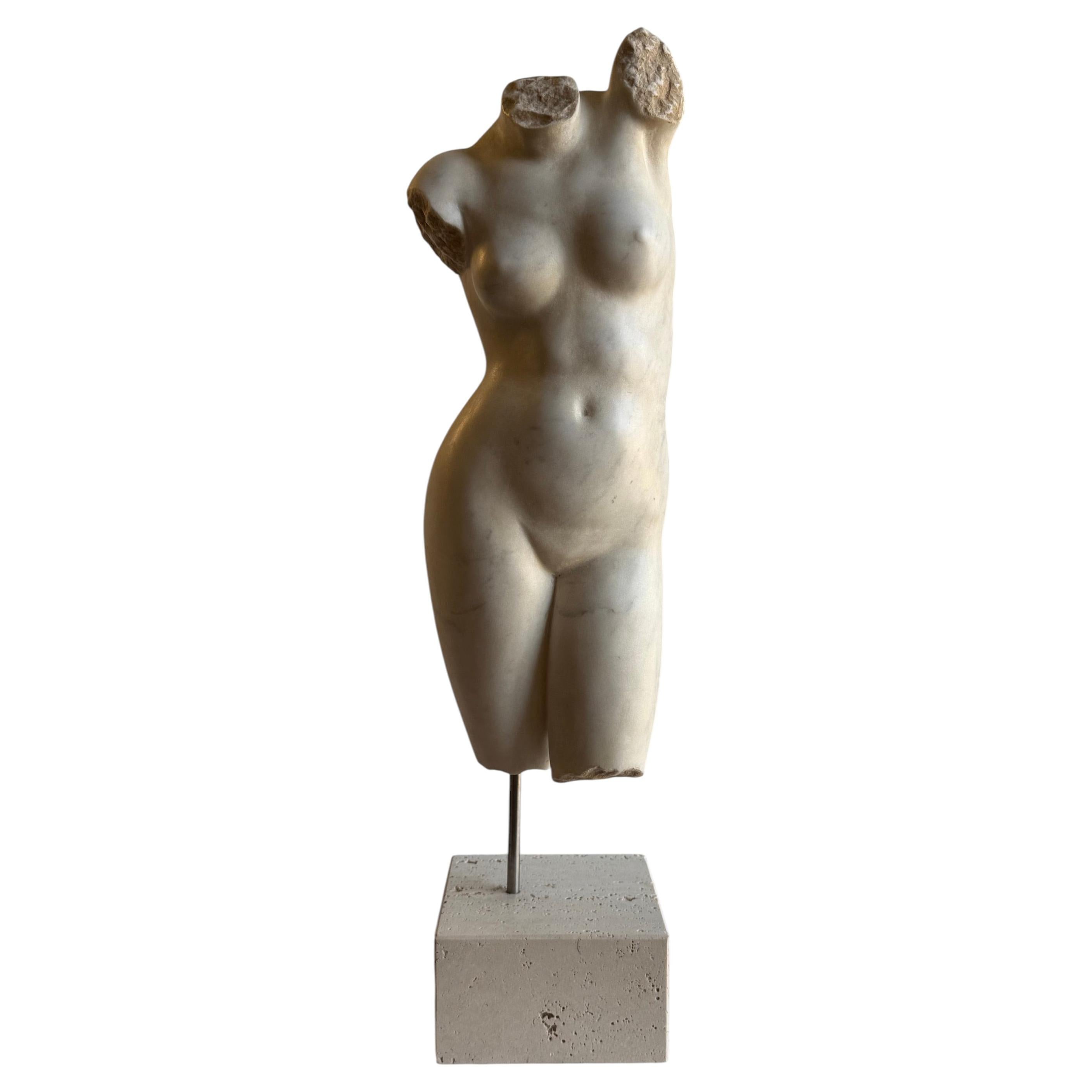 Female torso carved on white Carrara marble -made in Italy For Sale