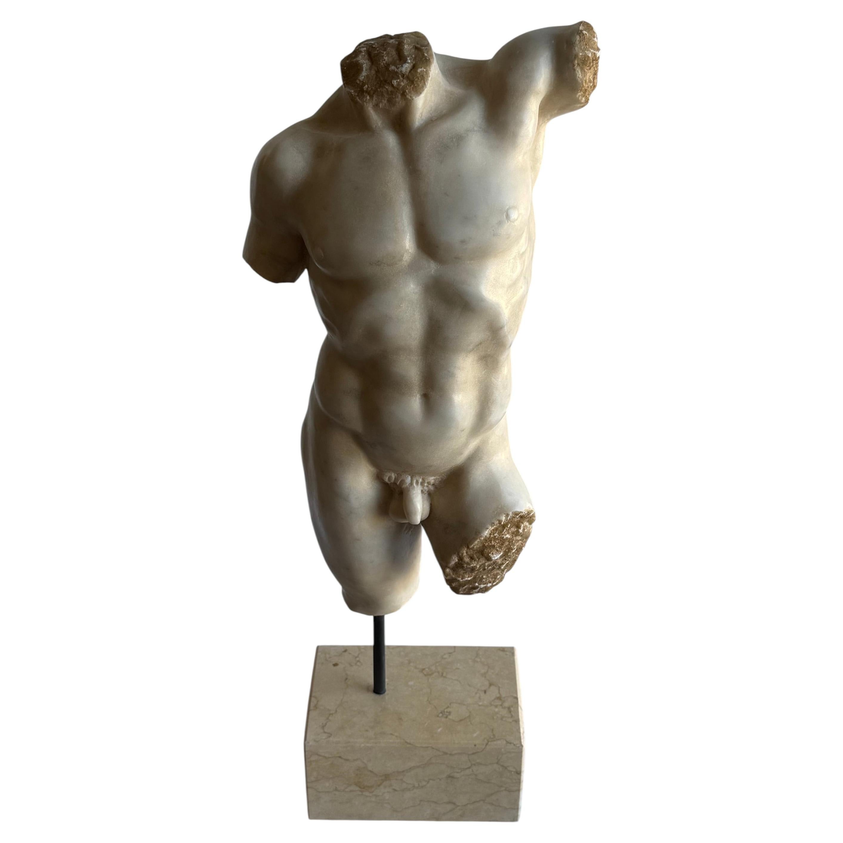 Classic male torso in sculptural white Carrara marble -made in Italy