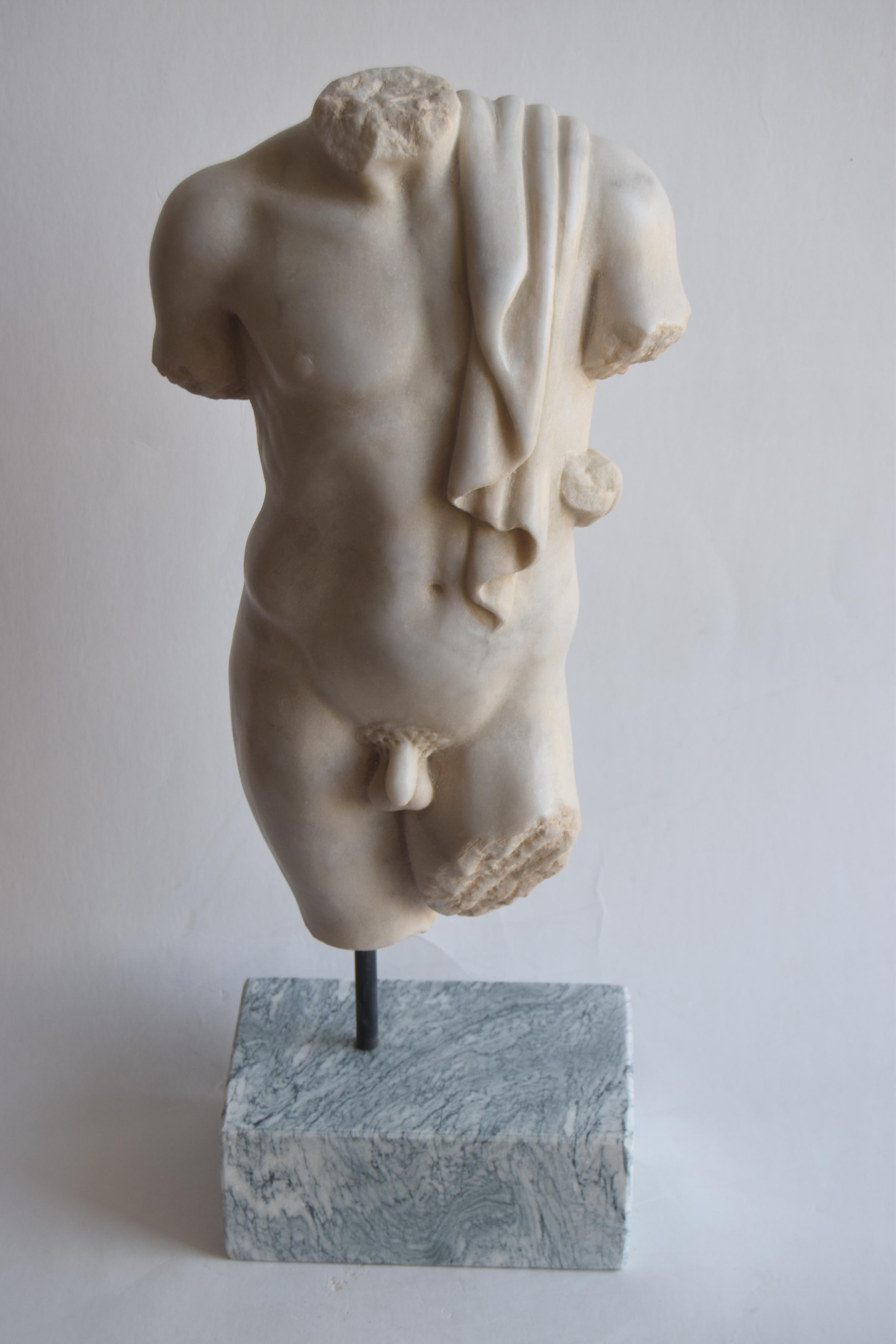 Greco Roman Classical male torso carved on white Carrara marble -made in Italy For Sale