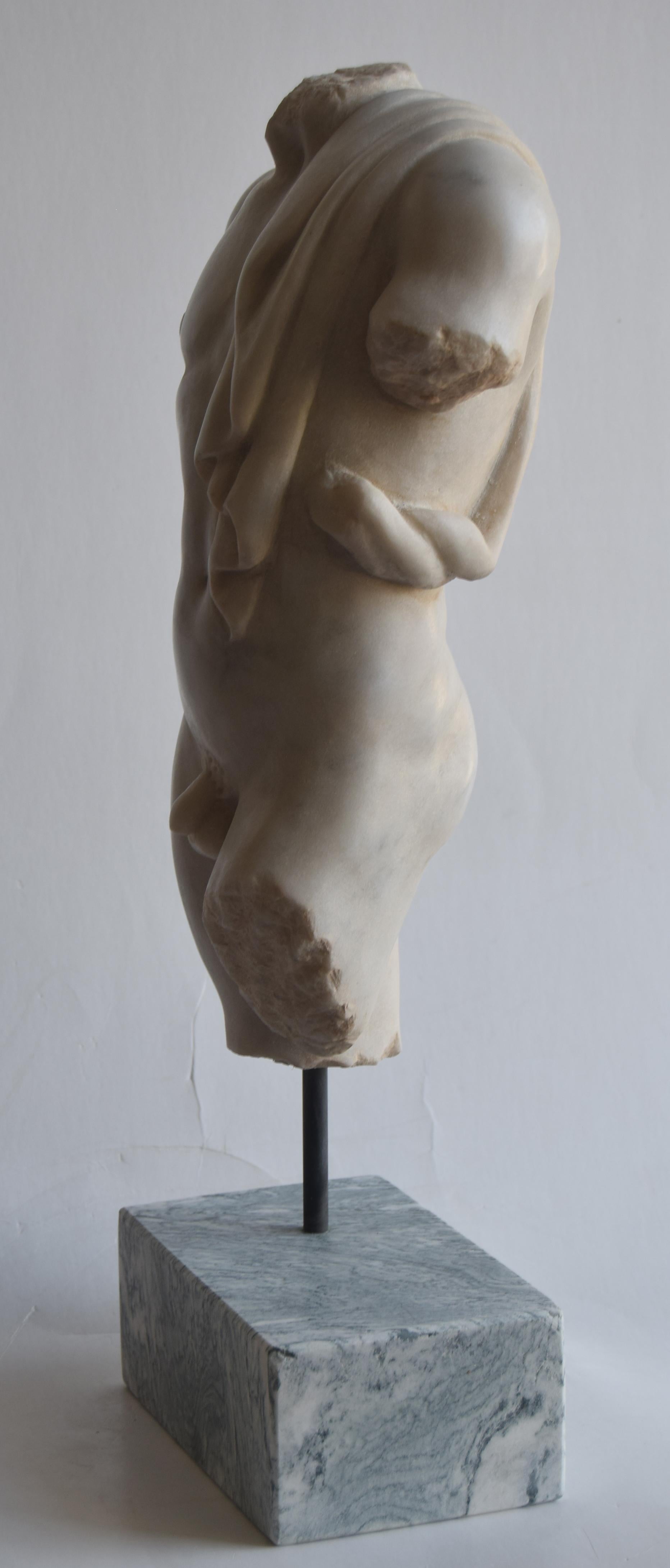 Hand-Crafted Classical male torso carved on white Carrara marble -made in Italy For Sale