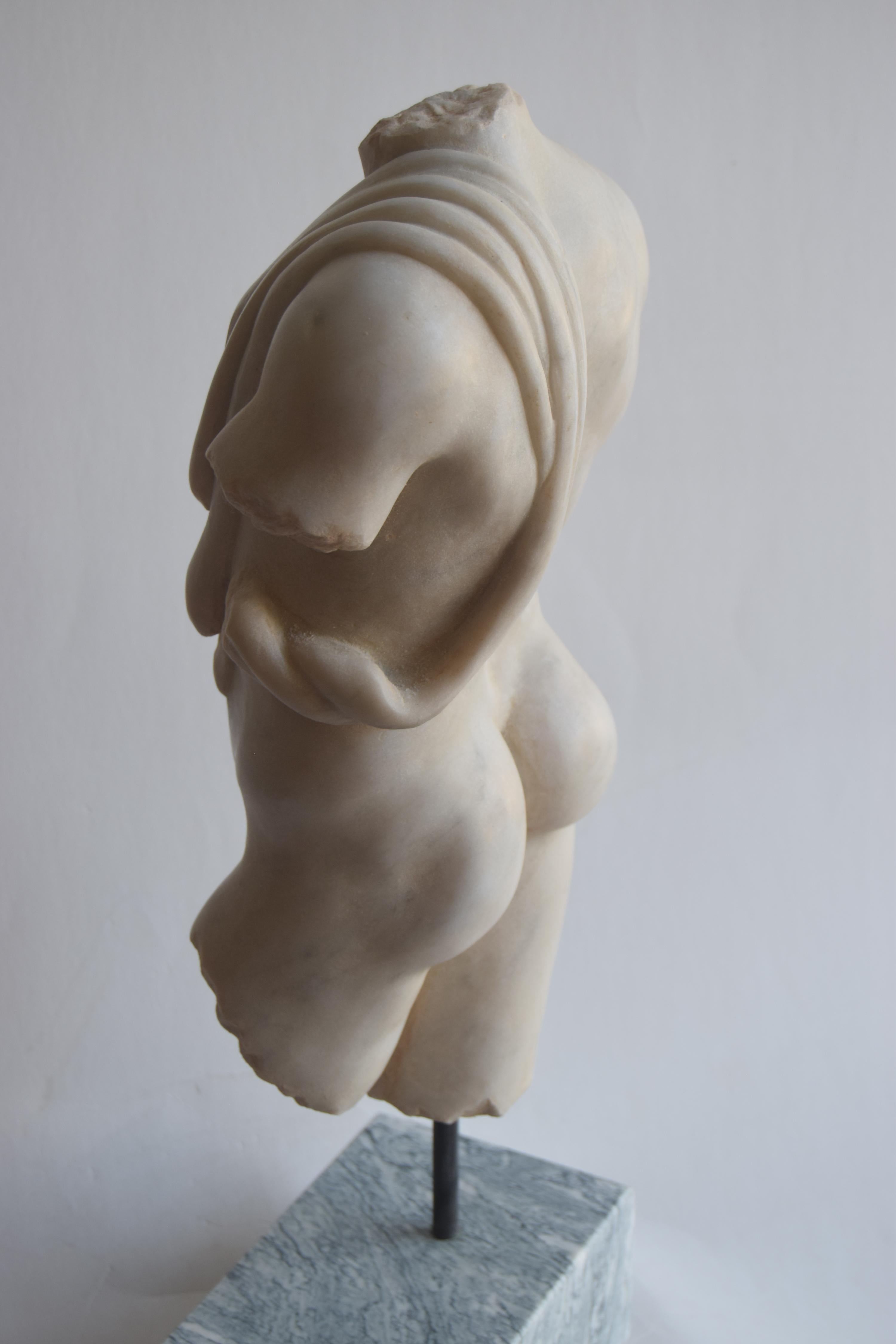 Contemporary Classical male torso carved on white Carrara marble -made in Italy For Sale