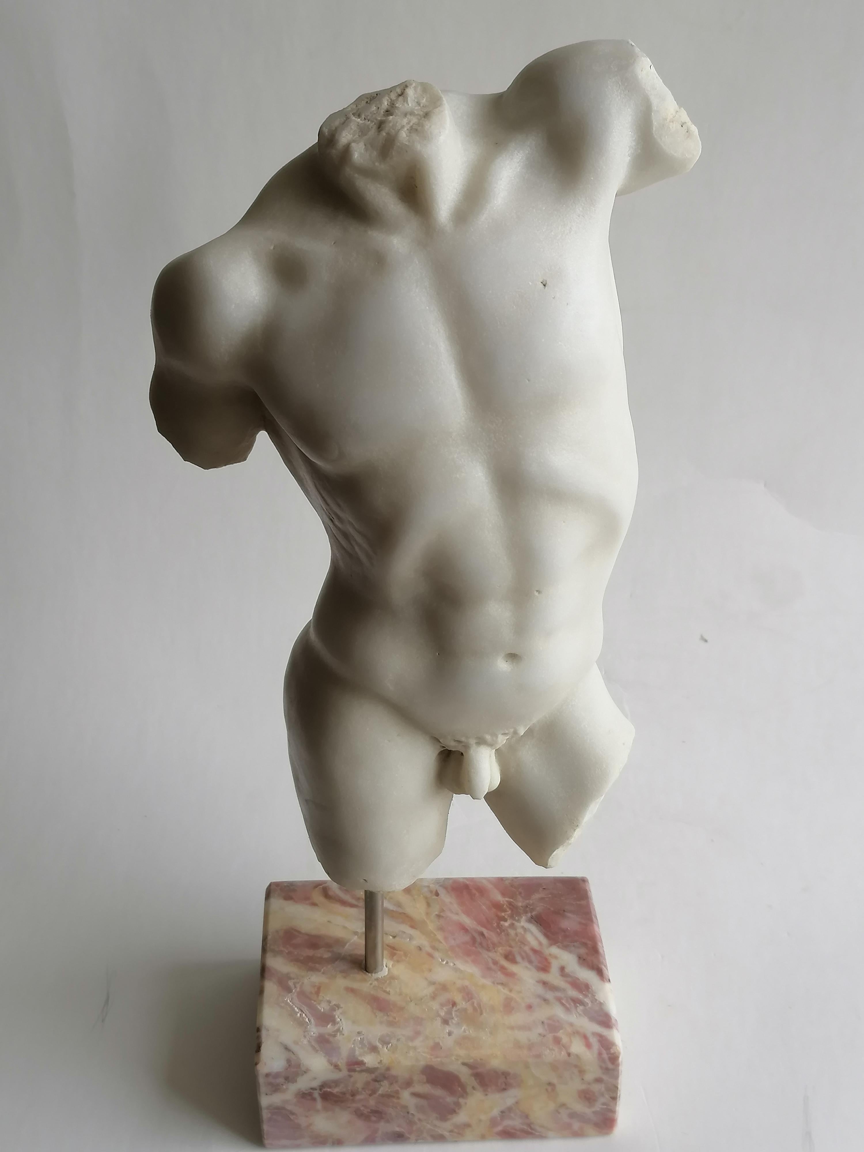 Klassischer männlicher Torso, gemeißelt auf weißem Carrara-Marmor im Angebot 3