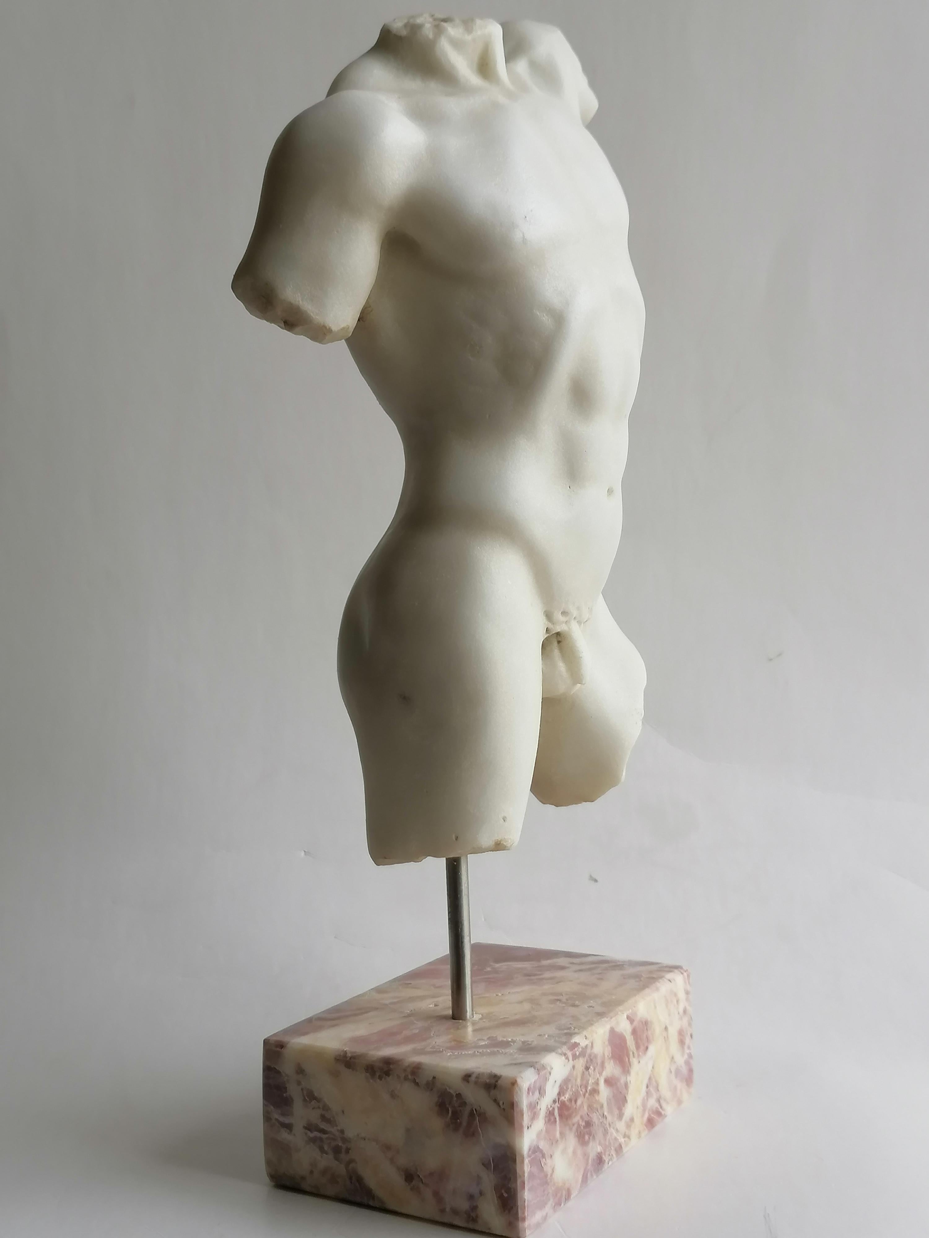 Greco Roman Classical male torso carved on white Carrara marble For Sale