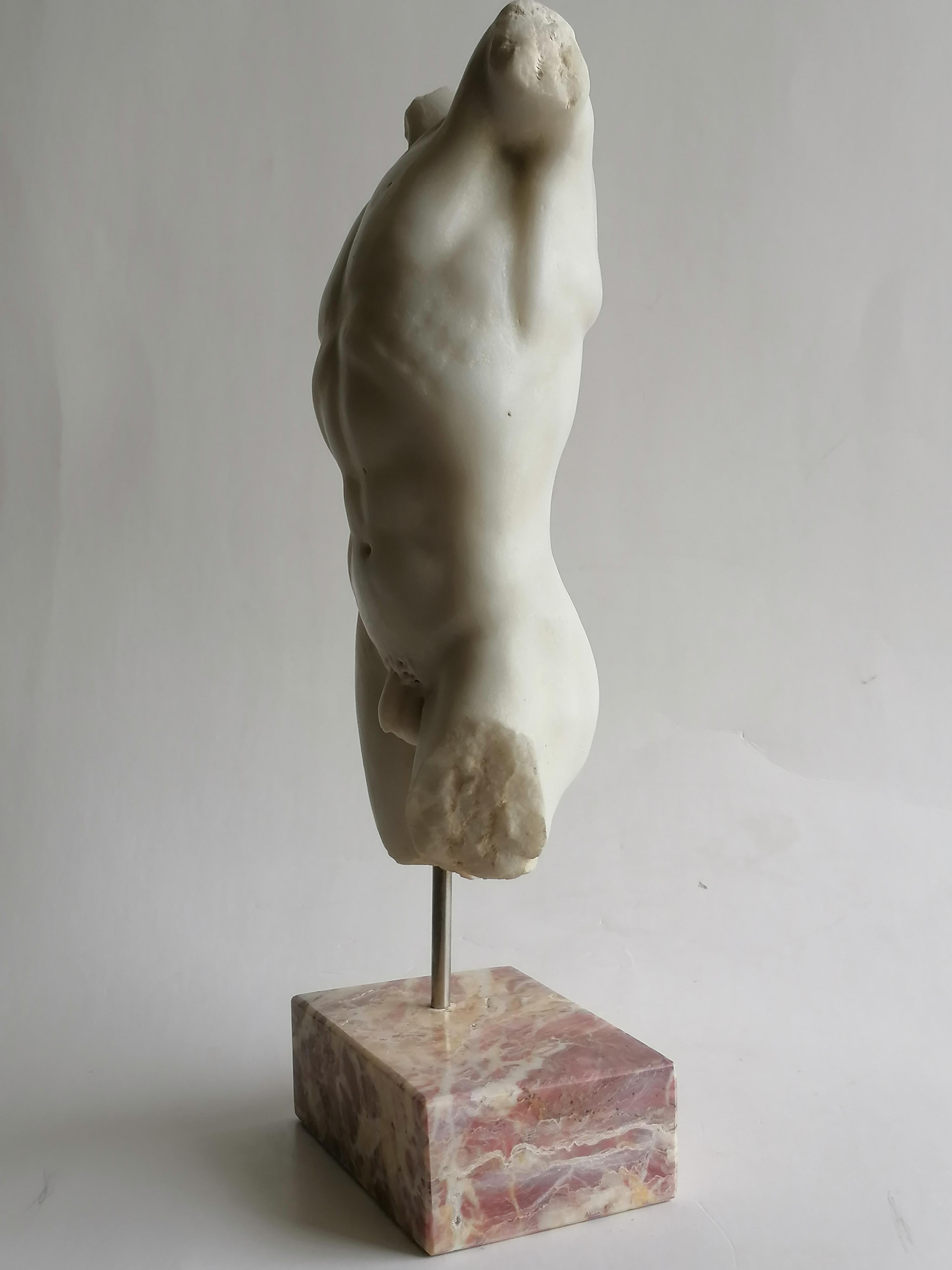 Hand-Crafted Classical male torso carved on white Carrara marble For Sale